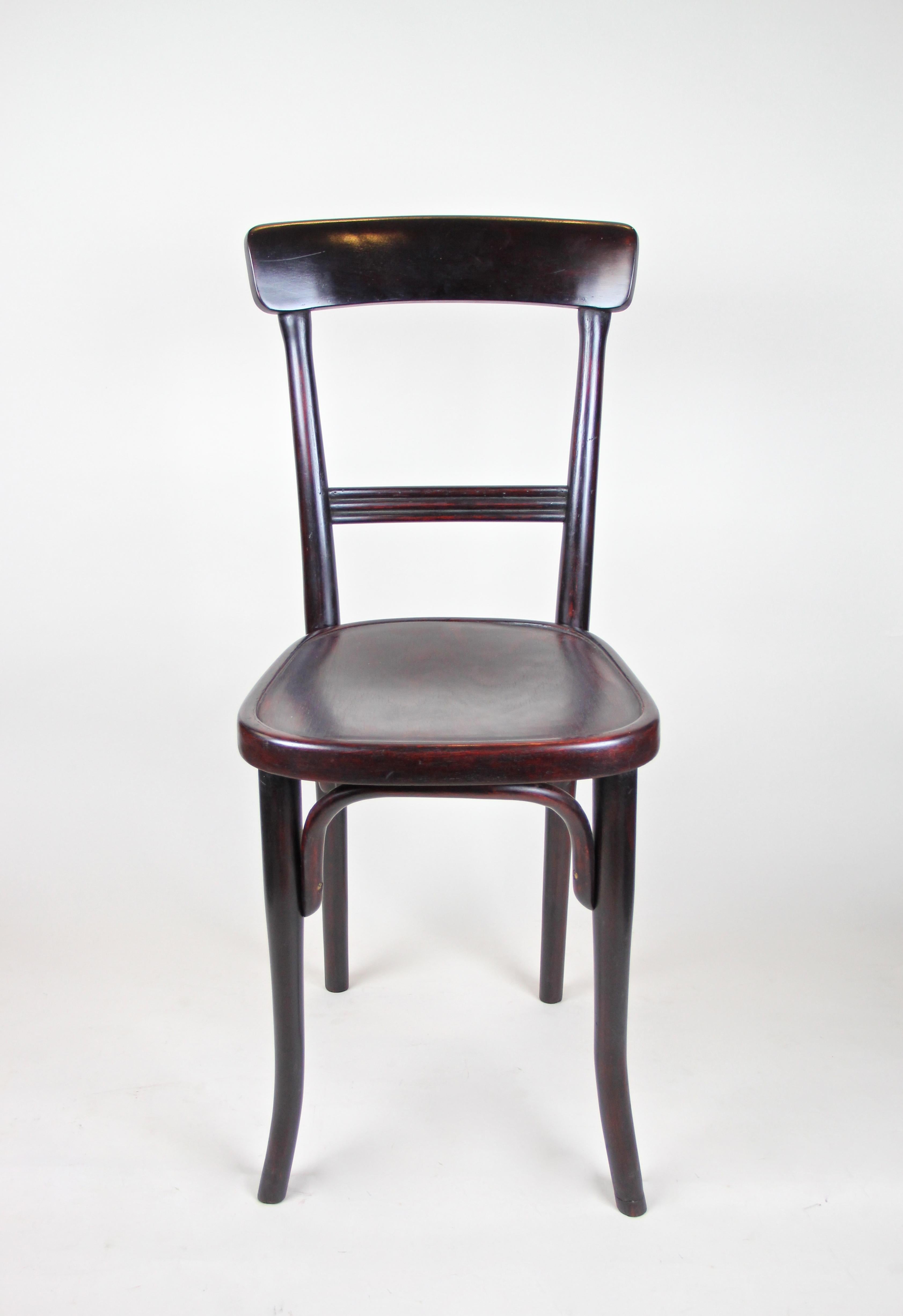 Wonderful bentwood chair by Thonet Vienna from Austria, circa 1910. The simple yet elegant shaped chair shows a beautiful dark mahogany tone and comes in good restored condition. This early 20th century bentwood chair is marked with the paper mark