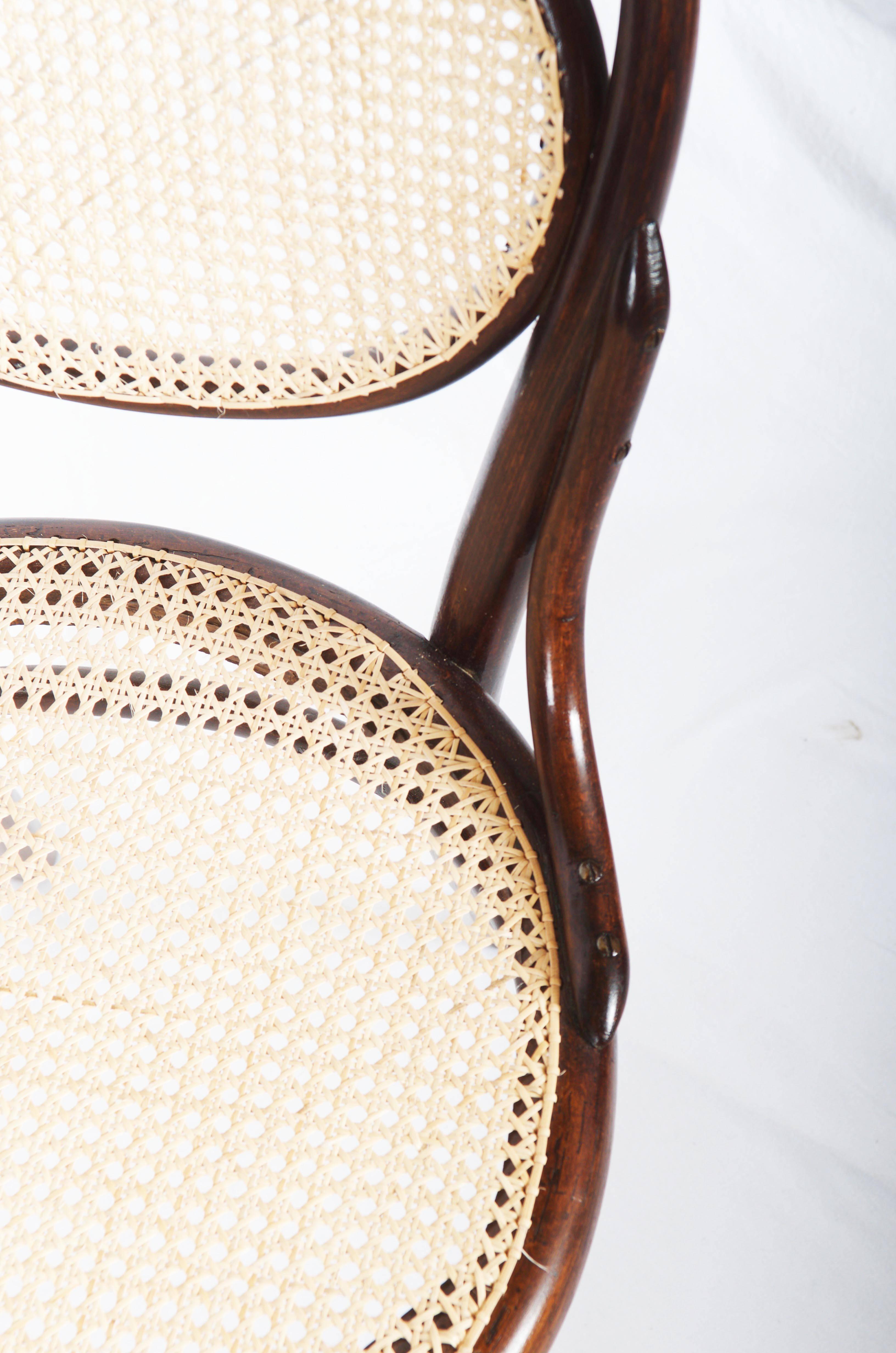 Beech bentwood with caned seat and backrest. Made by Zöbl & Prochaska Mährisch Weisskirchen, circa 1890. It is very similiar to Thonet Nr. 11 chair.
Fully restored.