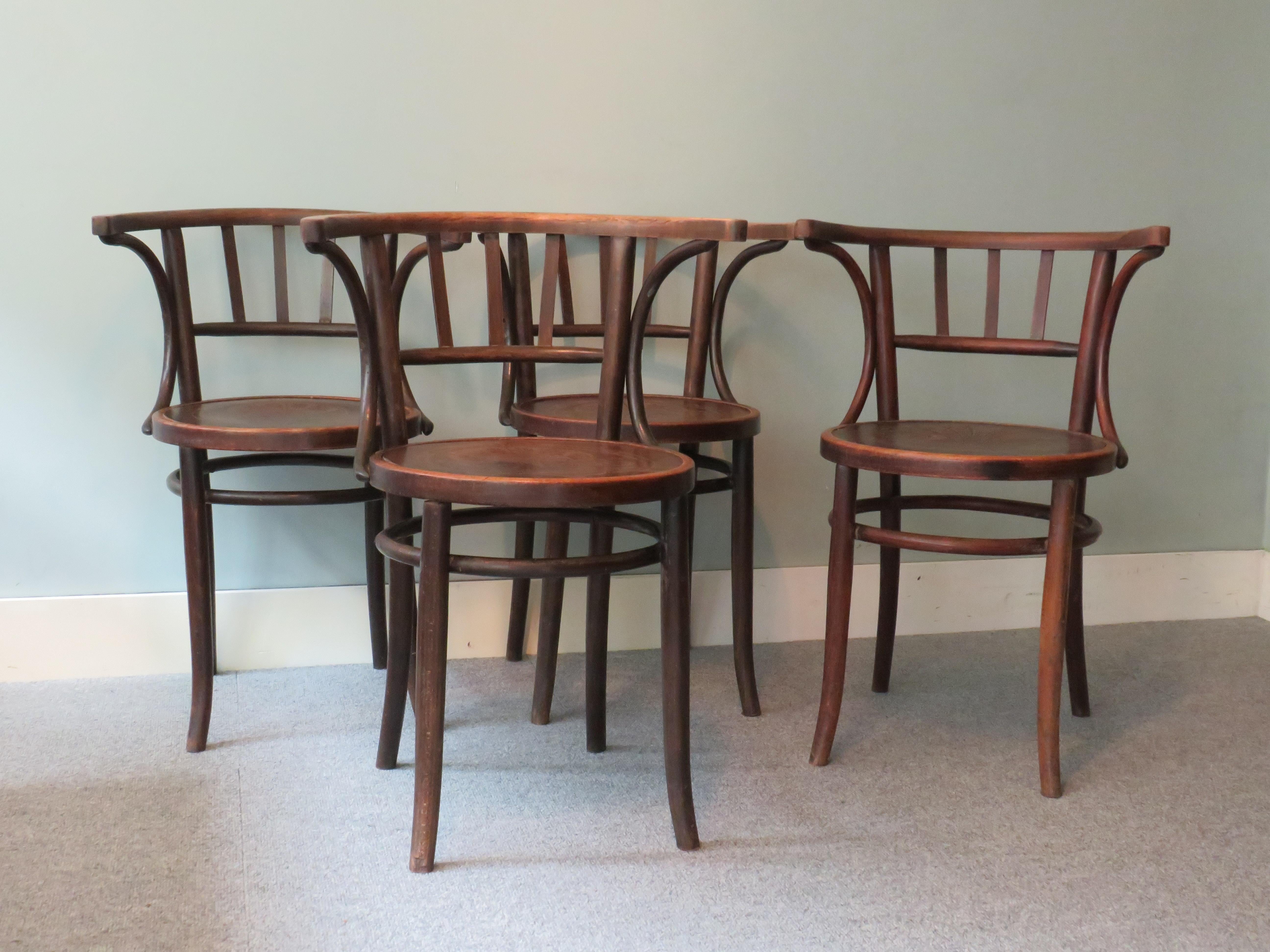 Set of 4 armchairs attributed at Thonet, Vienna Austria early 20th century.
Dimensions: H 77, W 43 and D 43 cm.
The seat height is 47 cm.
Width of backrest is 55 cm and diameter of the seat is 40 cm.
