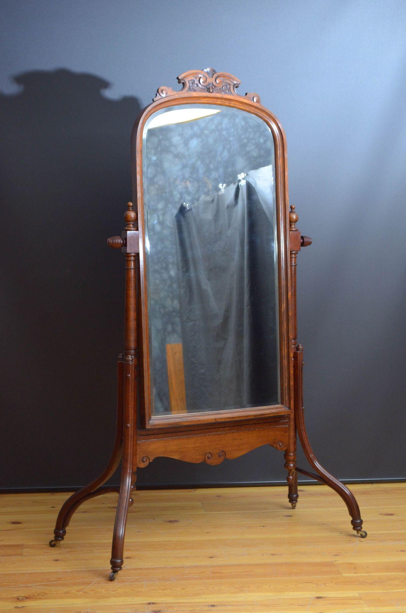 Sn5436 Stylish and very rare turn of the century Austrian bentwood cheval mirror, having original bevelled edge glass with minor imperfections in moulded frame with decorative crest to the top, enclosed in bentwood frame with decorative beehive