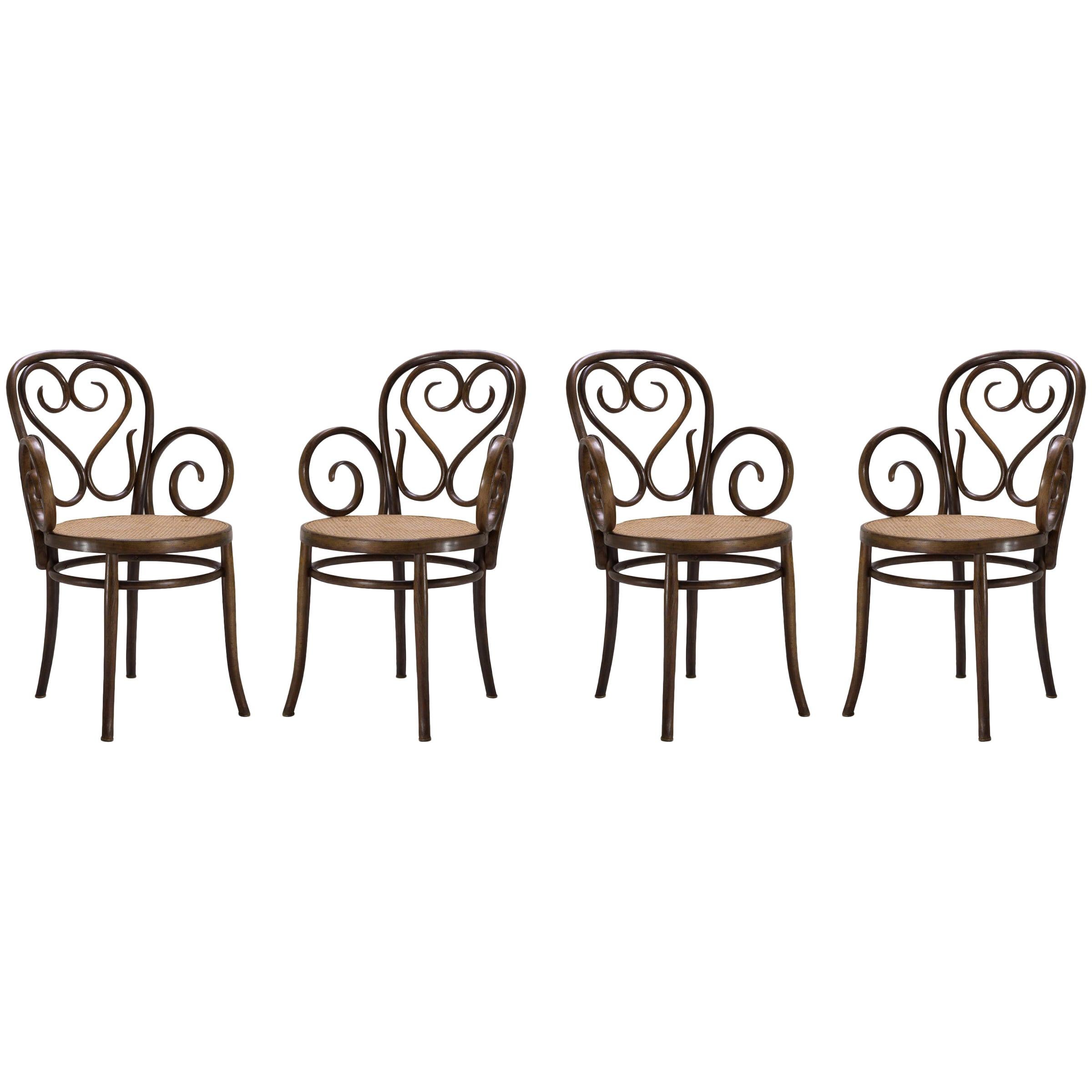 Bentwood Dining Armchairs with Caned Seats by Salvatore Leone, Set of Four