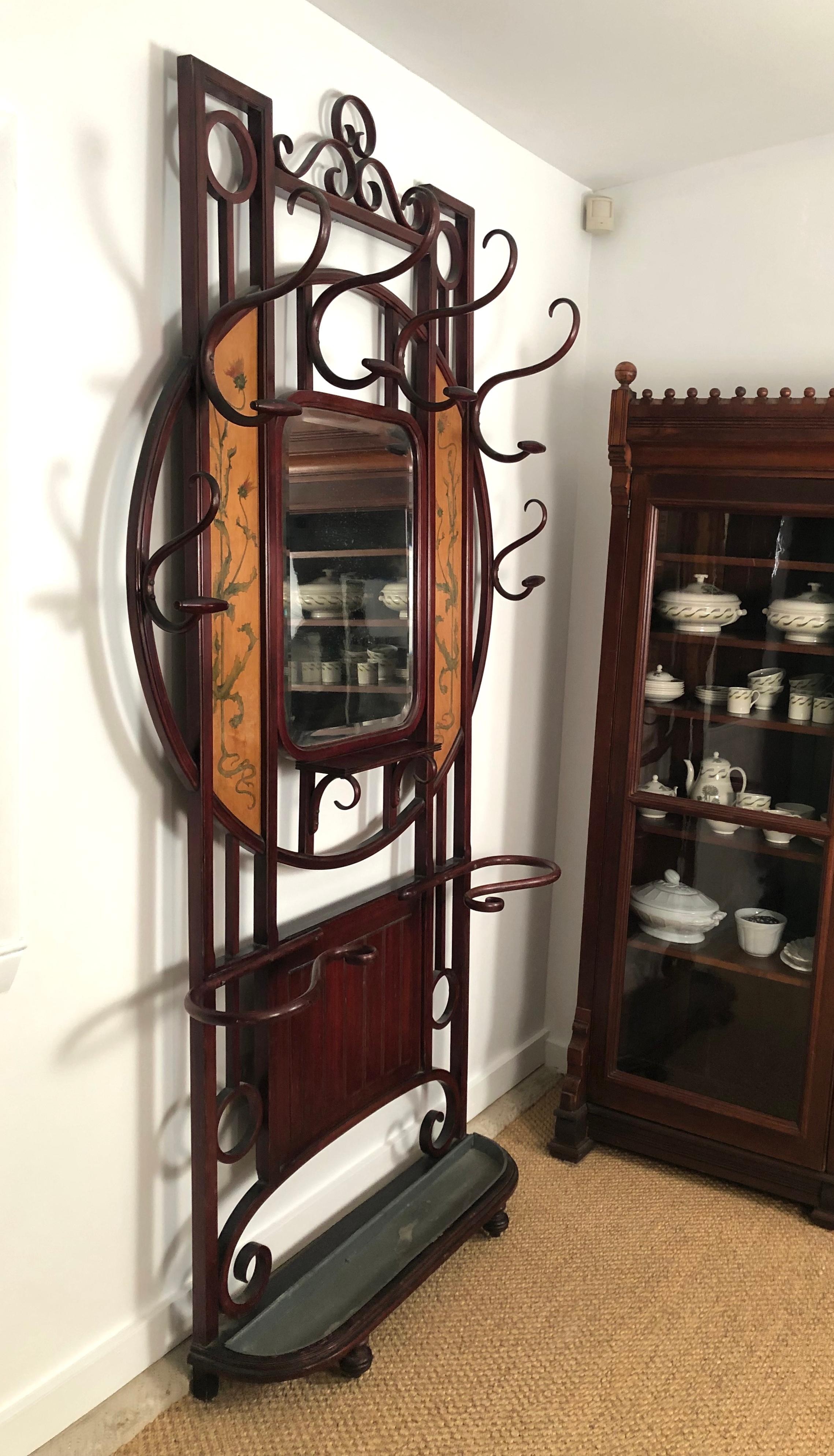 Art Nouveau Austrian Bentwood Hall Tree with Hat and Coat Rack  12