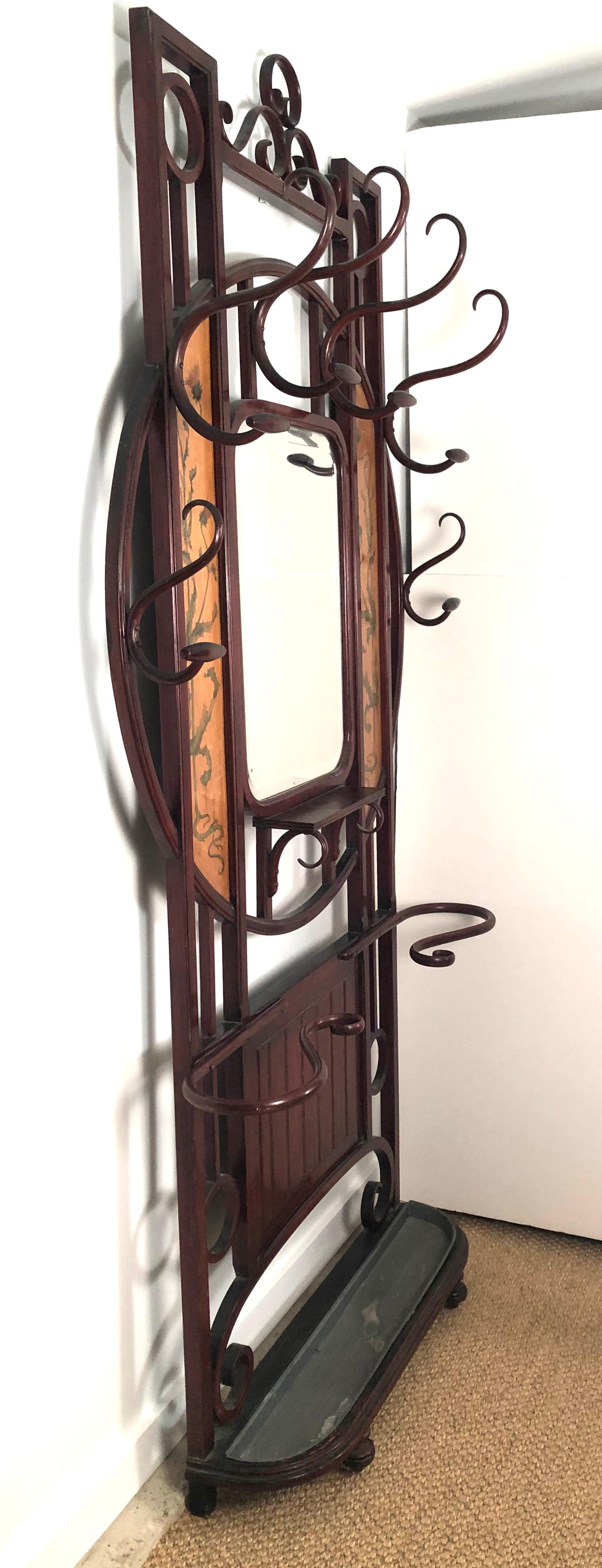 Art Nouveau Austrian Bentwood Hall Tree with Hat and Coat Rack  In Good Condition In Essex, MA