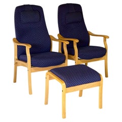 Bentwood High Back Lounge Chairs with Ottoman Set of 3 Vintage 1970s