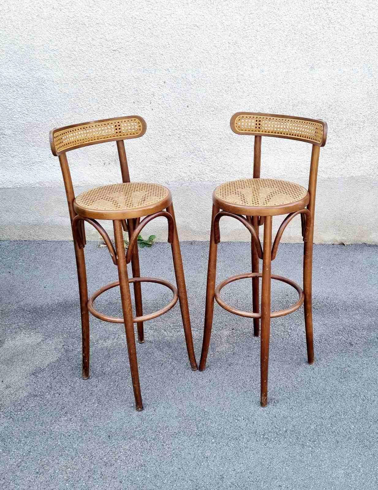 Art Nouveau Bentwood High Bar Stools in Thonet Style, Italy 70s, Pair