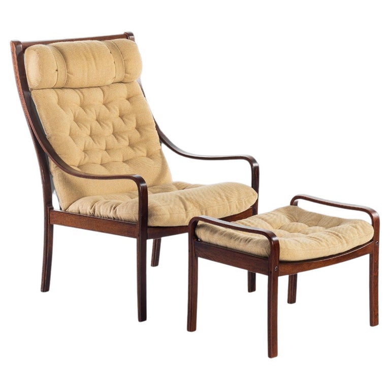 Bentwood Lounge Chair w/ Ottoman in Rosewood and Original Fabric by