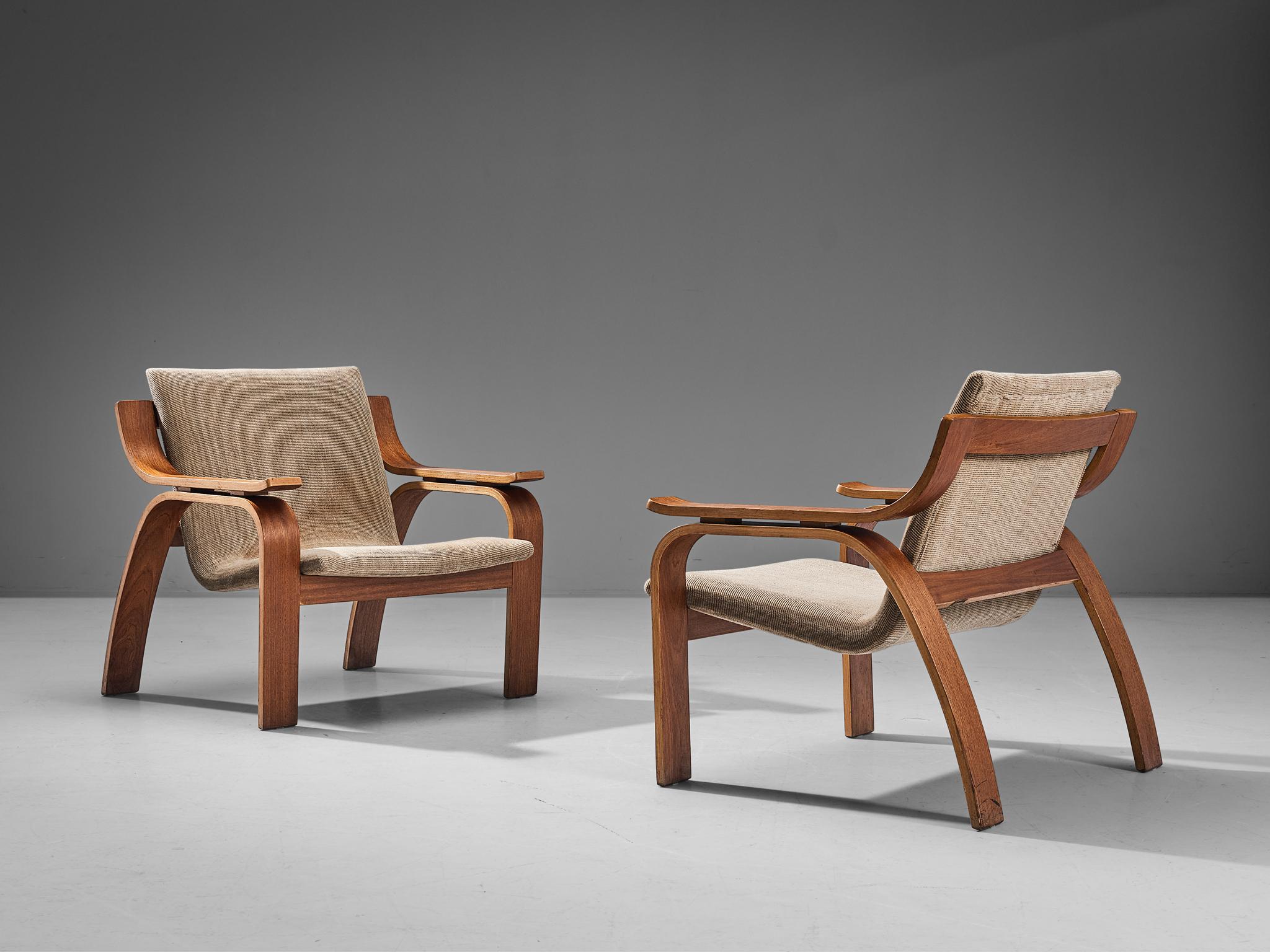 Czech Bentwood Pair of Lounge Chairs in Mahogany and Sand Upholstery