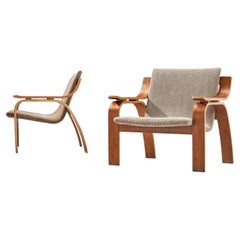 Bentwood Pair of Lounge Chairs in Mahogany and Sand Upholstery
