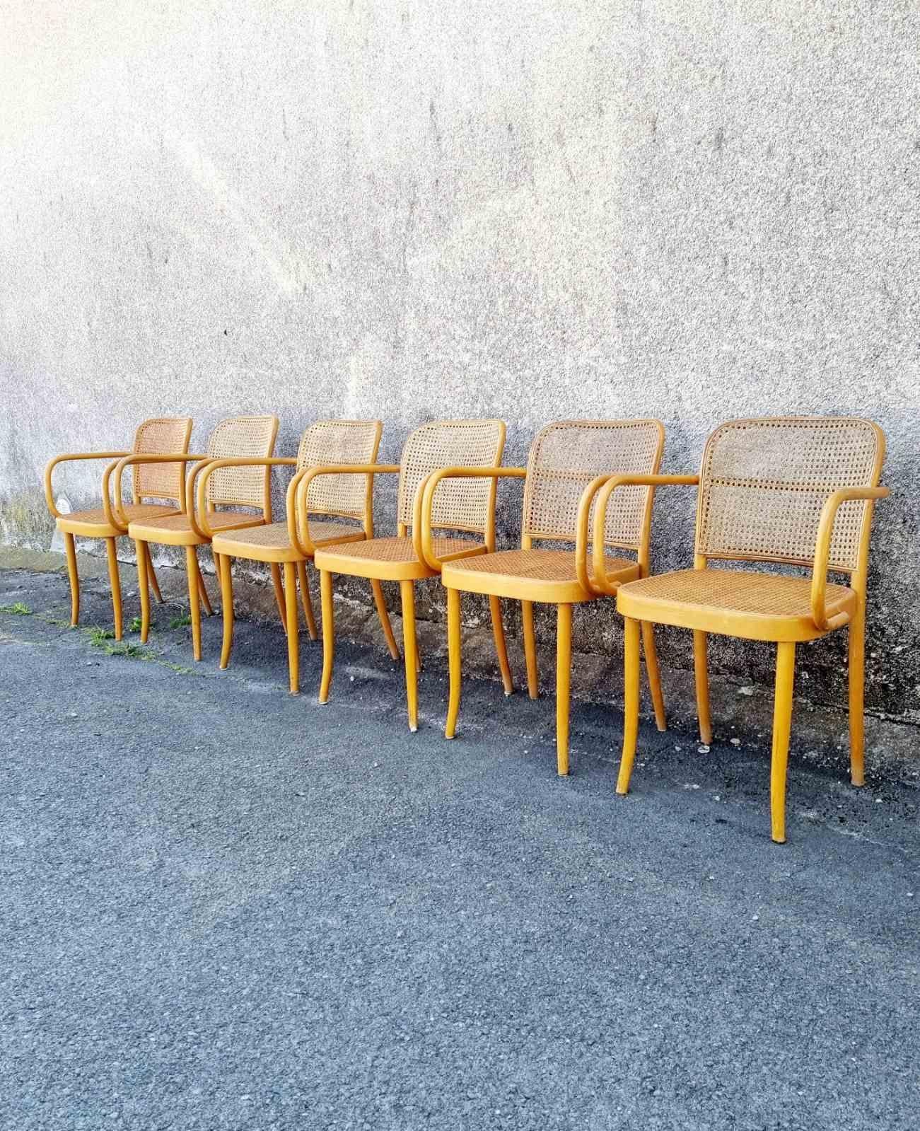 Set of 6  bentwood dining armchairs in style of Prague Chair by Josef Hoffmann.

This chairs are made by Drevunia Czechoslovakia in the 70s
Marks

The set is in very good vintage condition with minor signs of use. All is visible on photos.
The cane