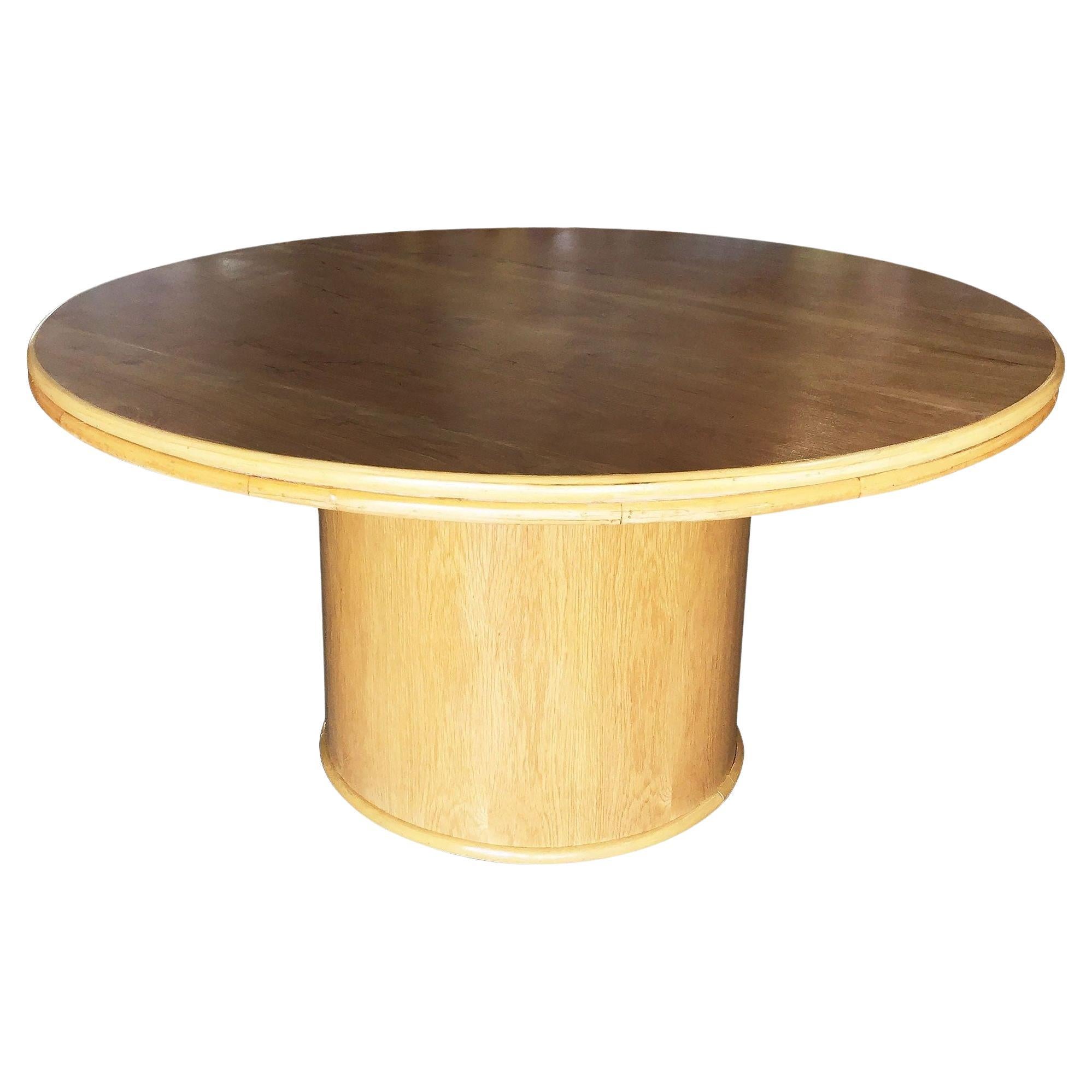 Bentwood Rattan and Oak Round Pedestal Dining Table For Sale