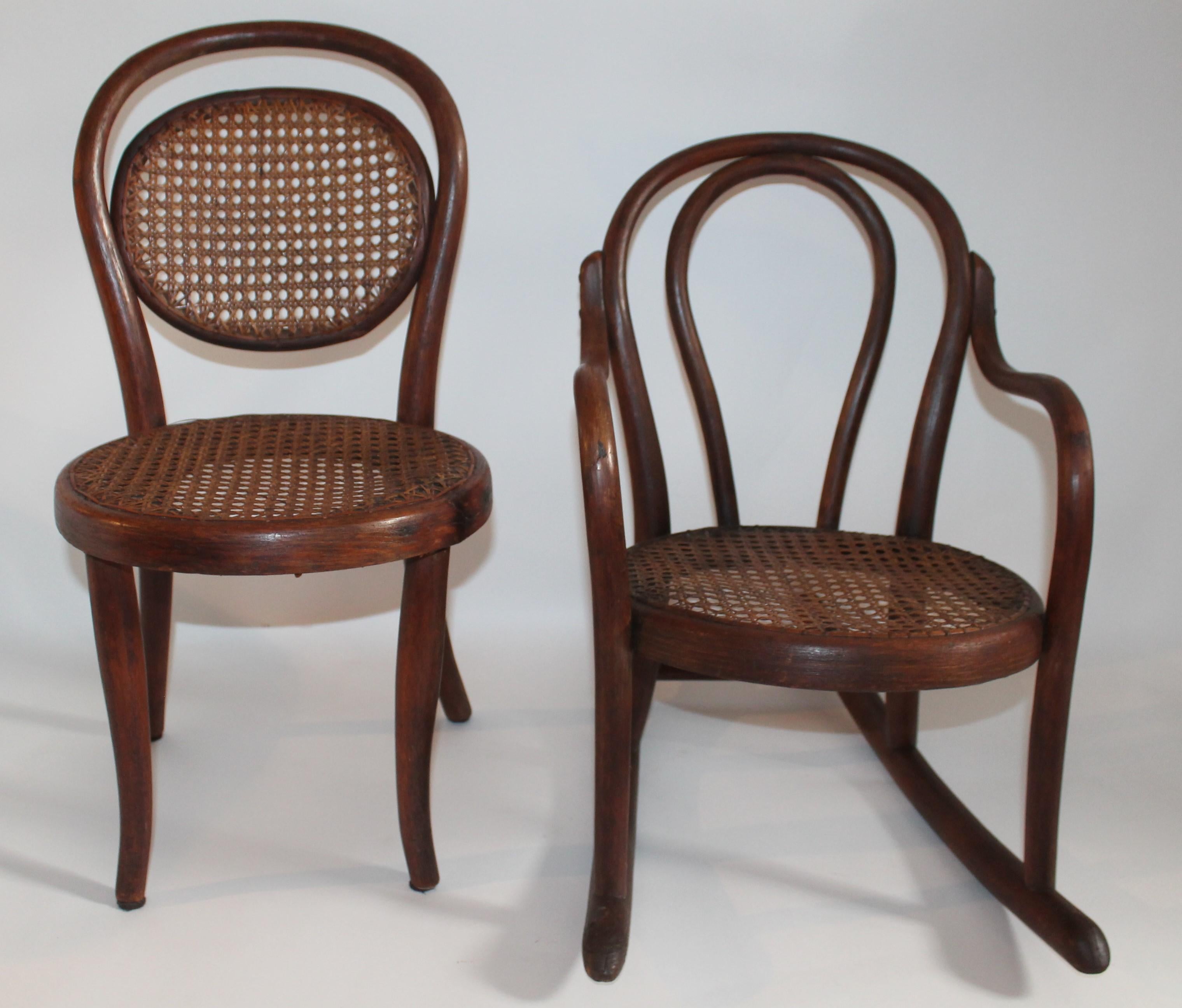 These two bentwood children's chair and bentwood rocking chair are in very good condition. Selling as a pair. All seats and backings are in strong and very good condition.

Tall Child's chairs measures -
25 H x 12 W x 15 D - 121.5s H

Child's