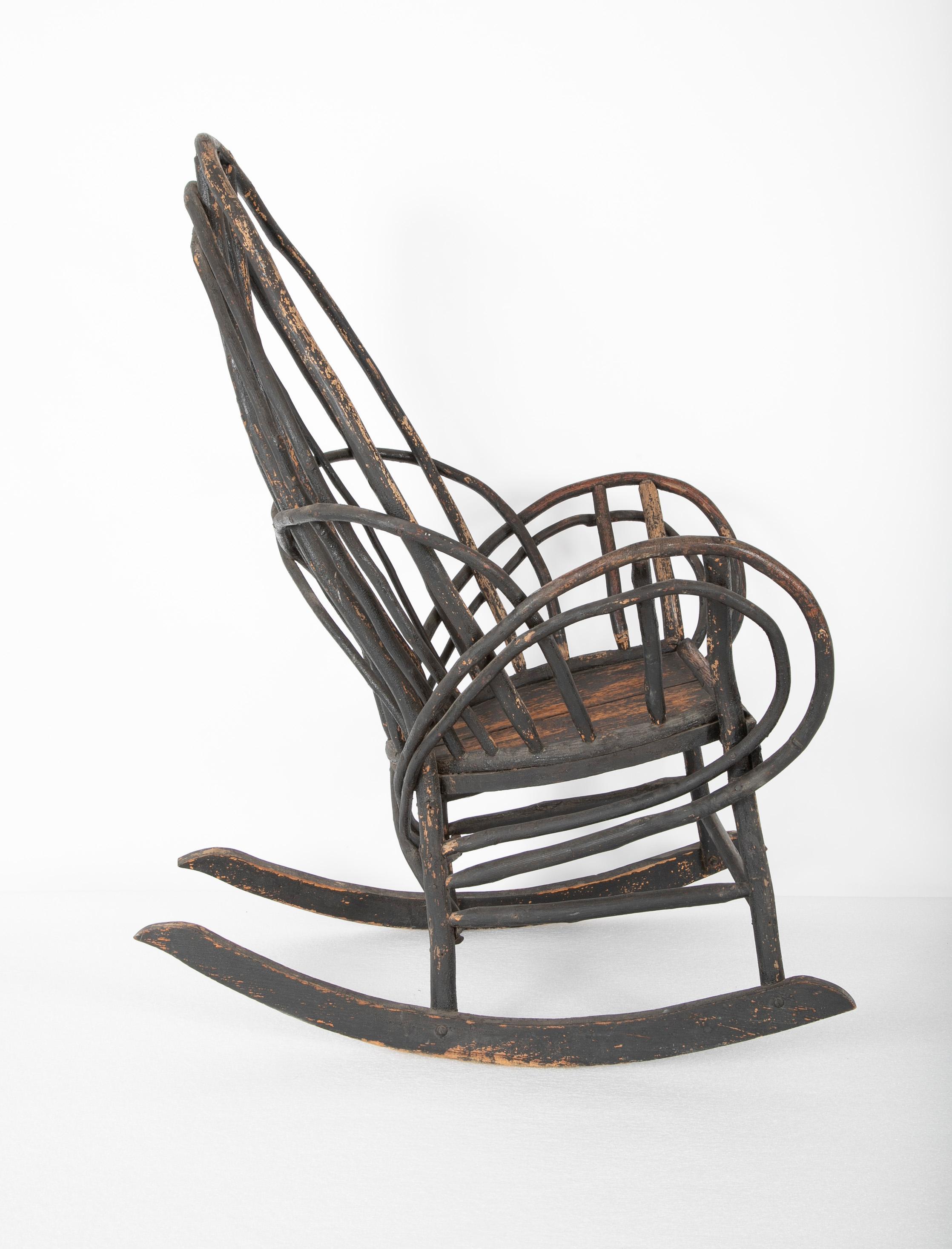 Bentwood Rustic Armchair-Rocker with Plank Seat & Traces of Early Black Paint 2