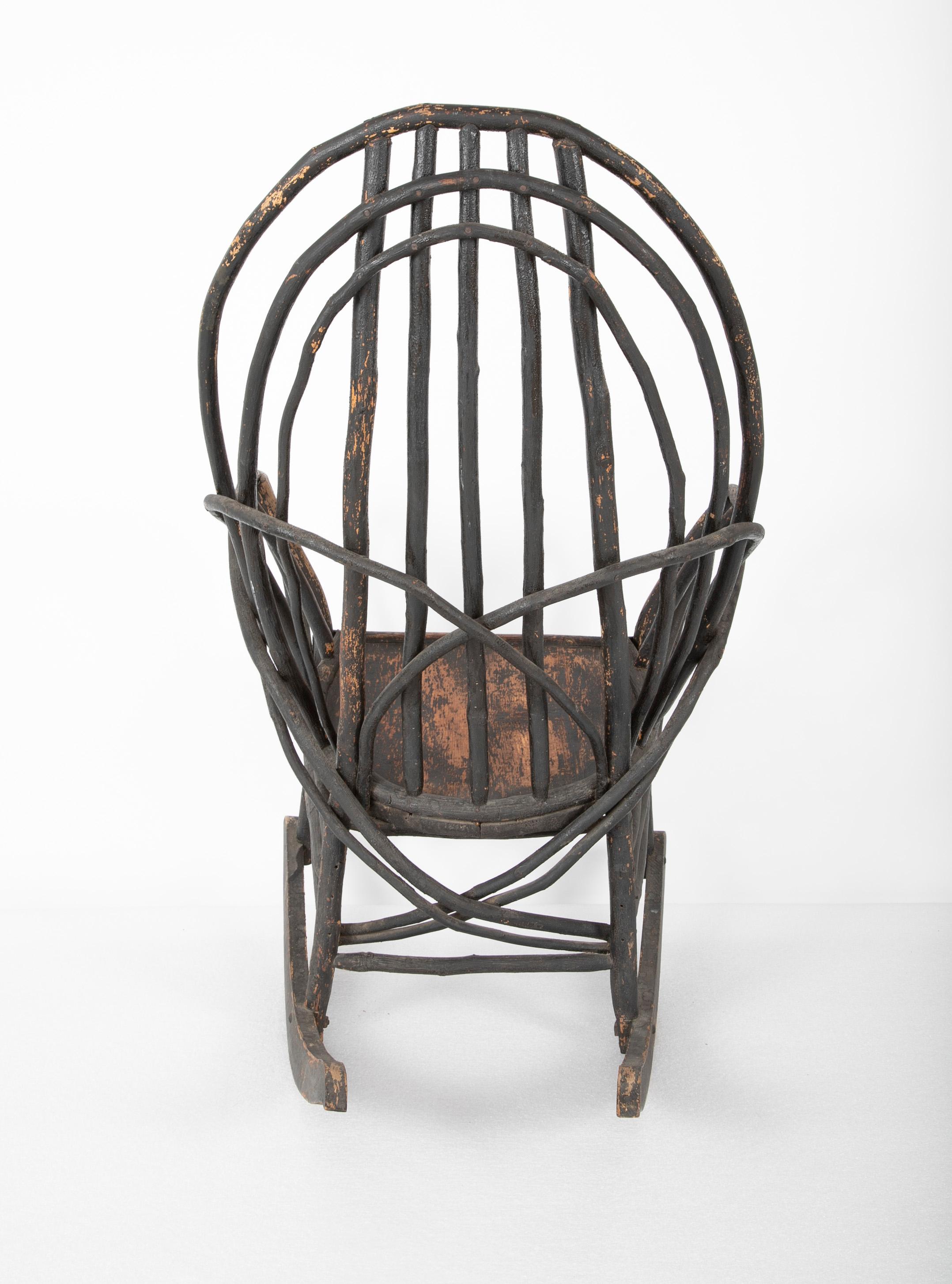 Bentwood Rustic Armchair-Rocker with Plank Seat & Traces of Early Black Paint 3