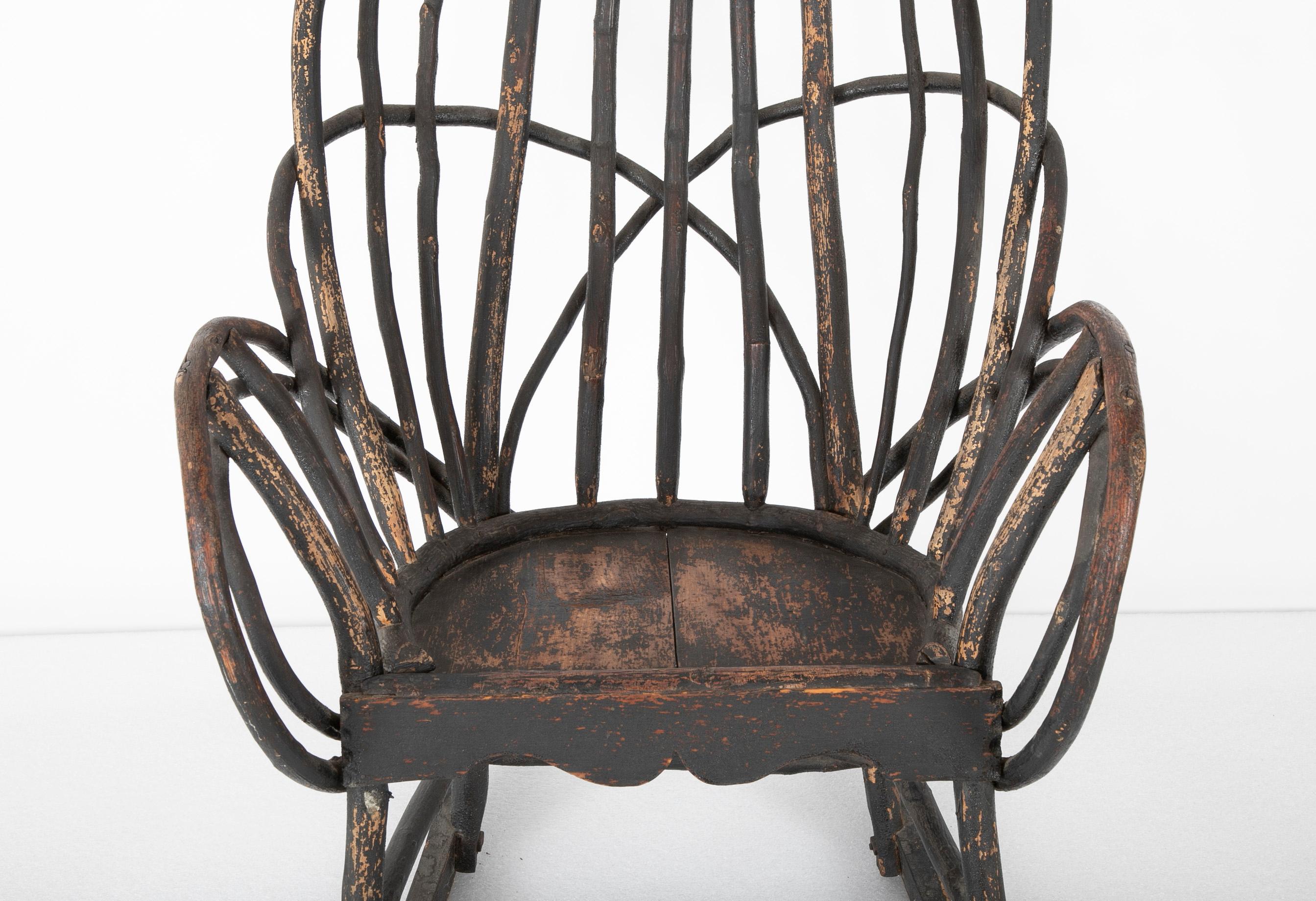 American Bentwood Rustic Armchair-Rocker with Plank Seat & Traces of Early Black Paint