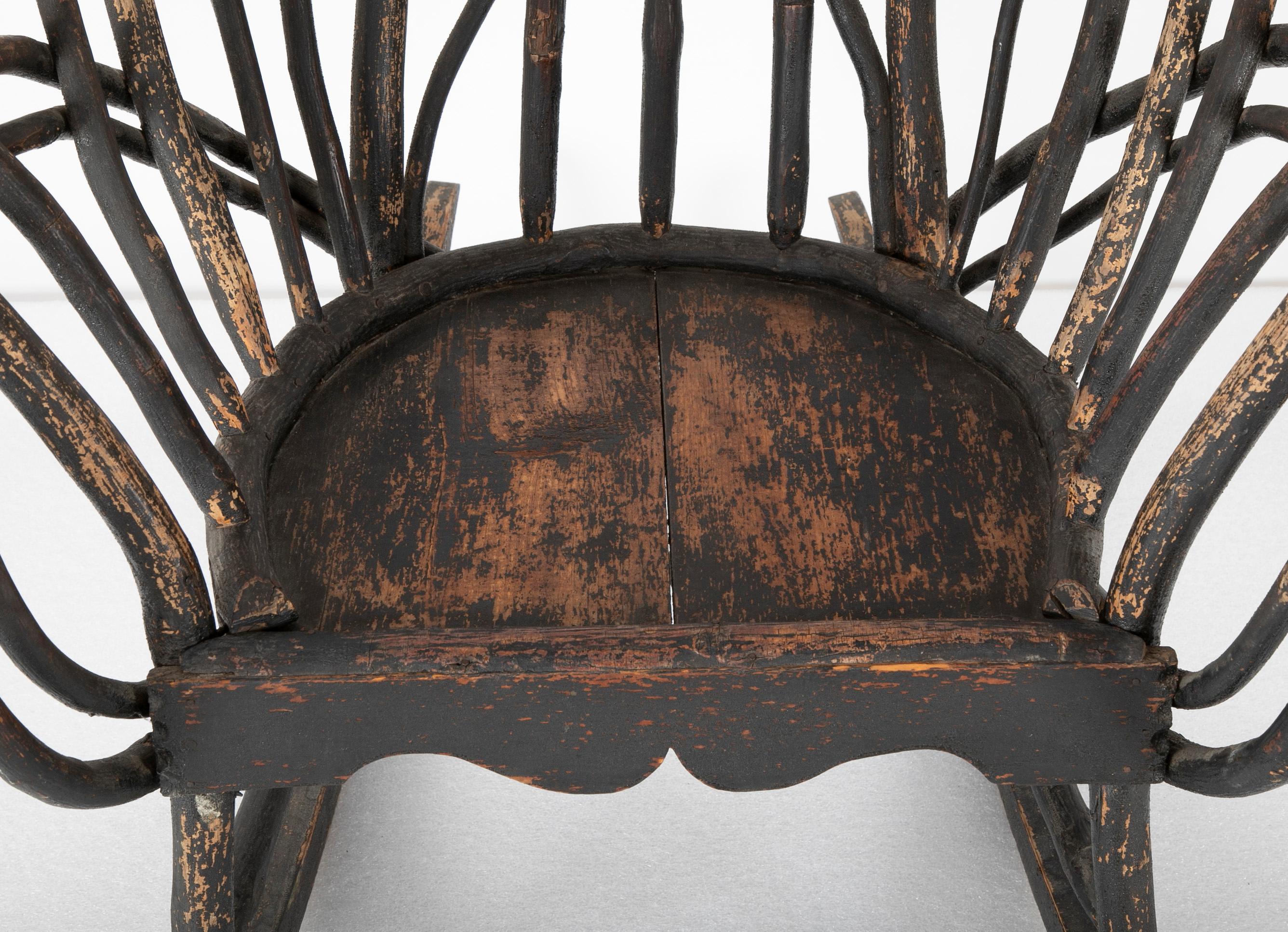 Bentwood Rustic Armchair-Rocker with Plank Seat & Traces of Early Black Paint In Good Condition In Stamford, CT