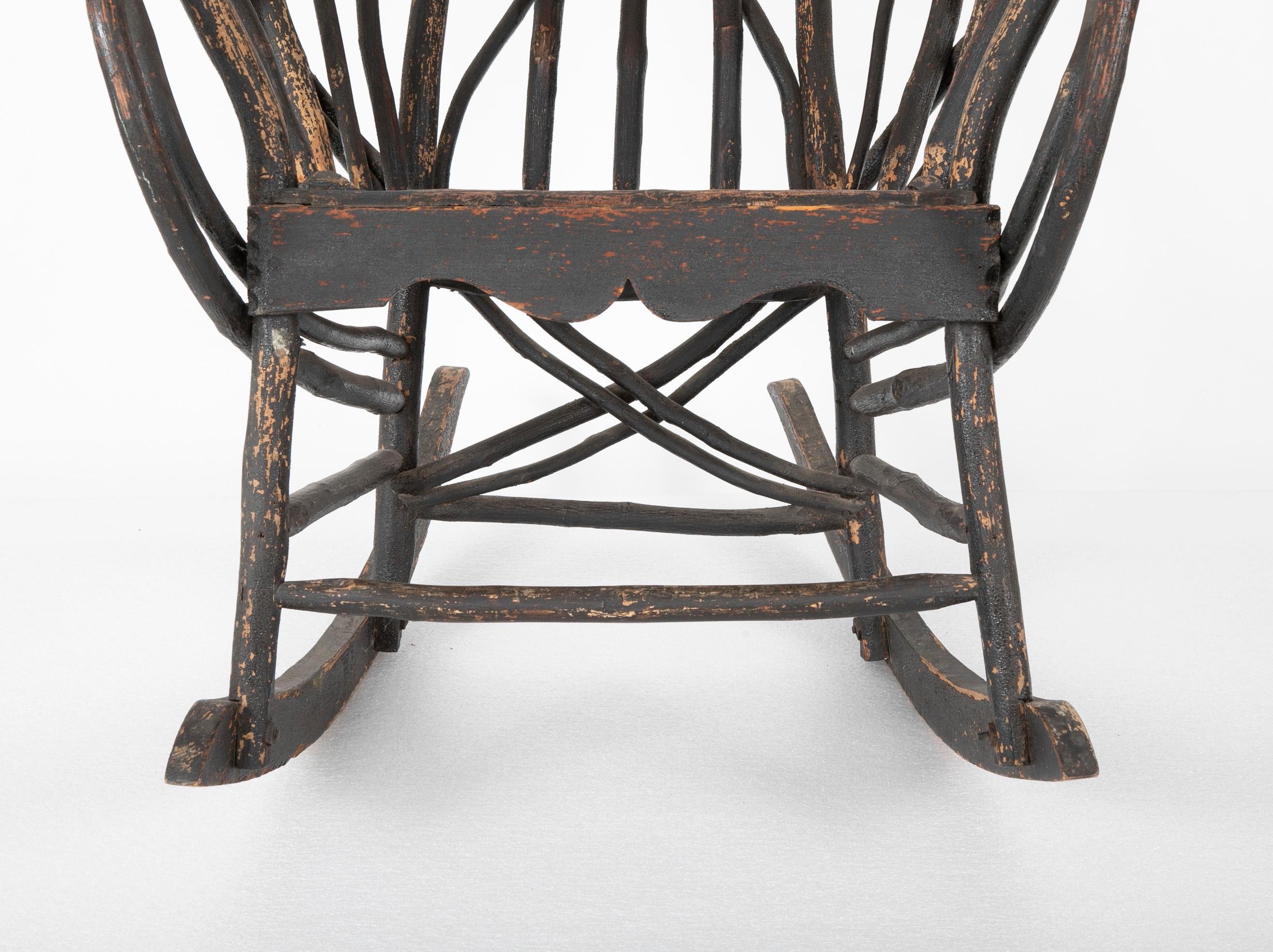 20th Century Bentwood Rustic Armchair-Rocker with Plank Seat & Traces of Early Black Paint
