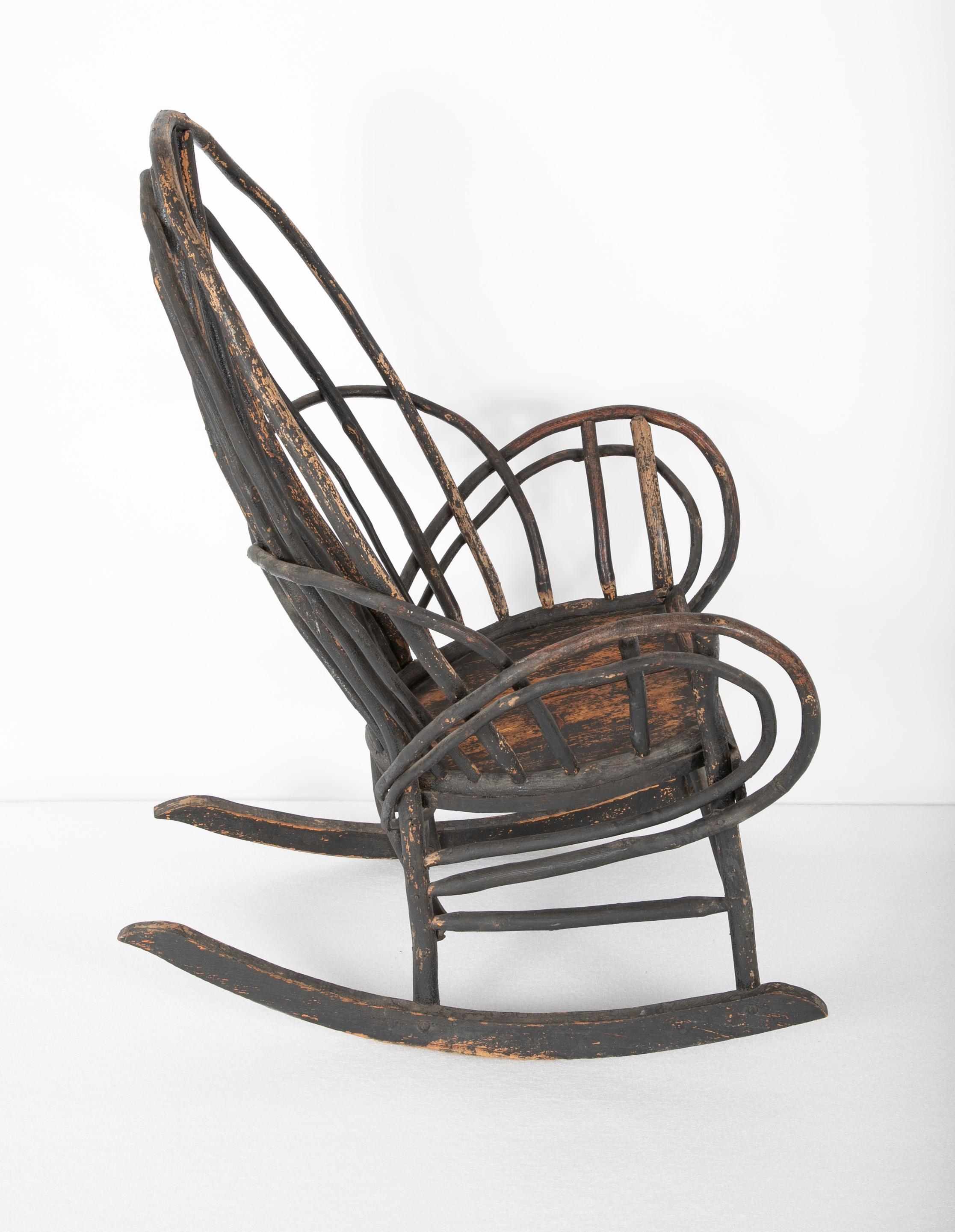 Bentwood Rustic Armchair-Rocker with Plank Seat & Traces of Early Black Paint 1