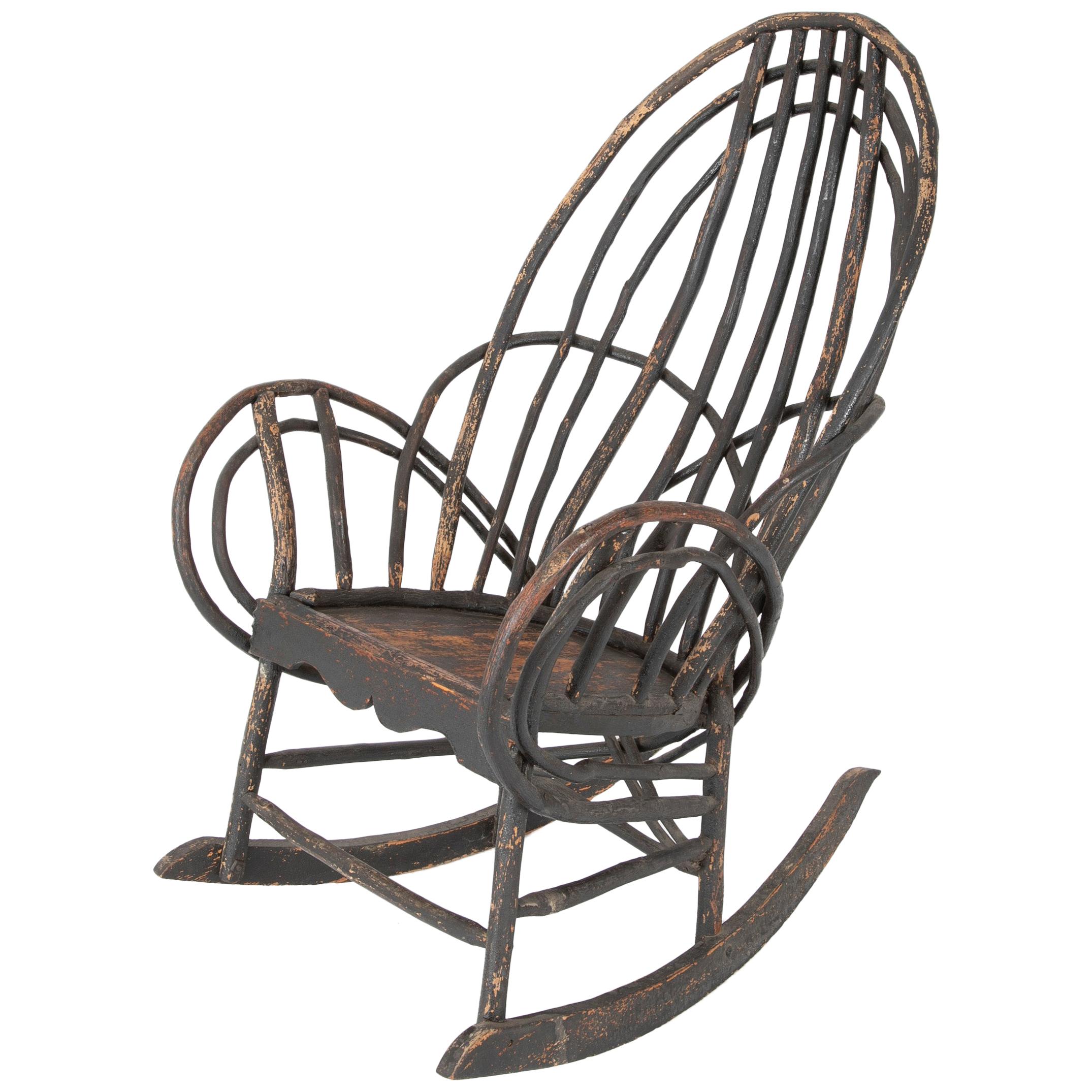 Bentwood Rustic Armchair-Rocker with Plank Seat & Traces of Early Black Paint
