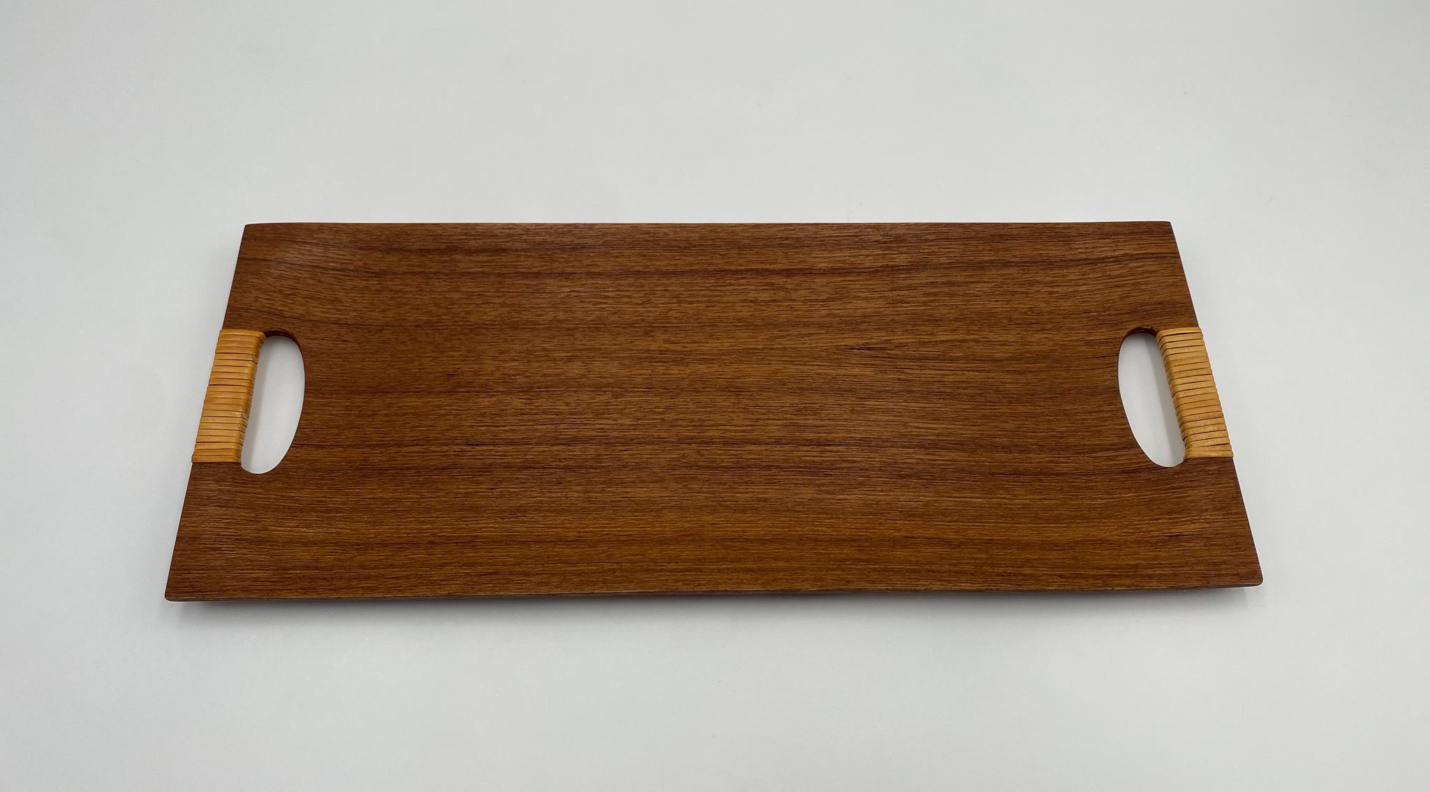 Mid-Century Modern Bentwood Teak & Cane Tray, Japan, 1960's  For Sale