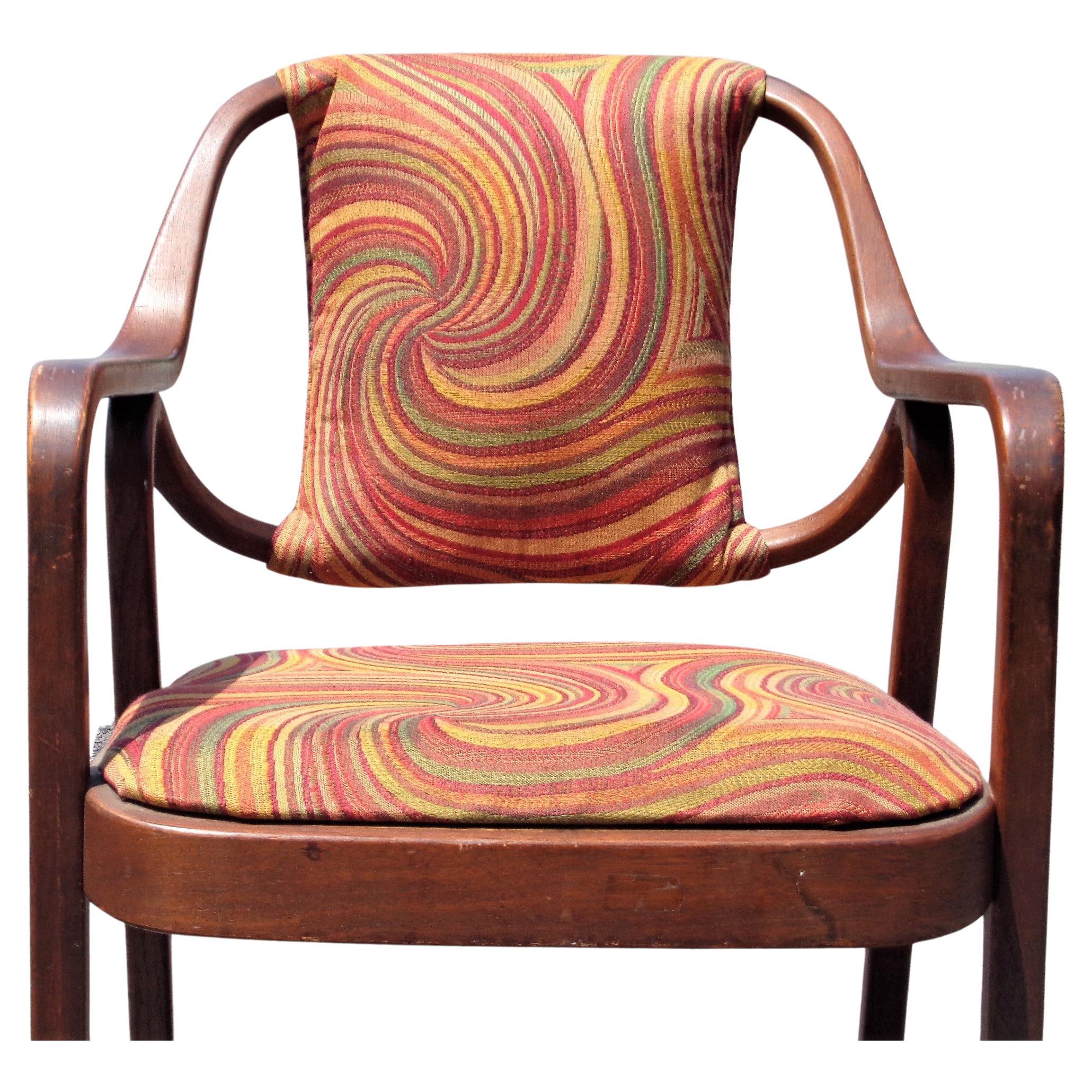 Bentwood walnut armchair #1105 by Don Pettit for Knoll w/ beautiful color patina to wood and the original vibrant op art style textured upholstery. Retains Knoll International label on underside - 320 Park Avenue NYC, 10022 - a very nice example of