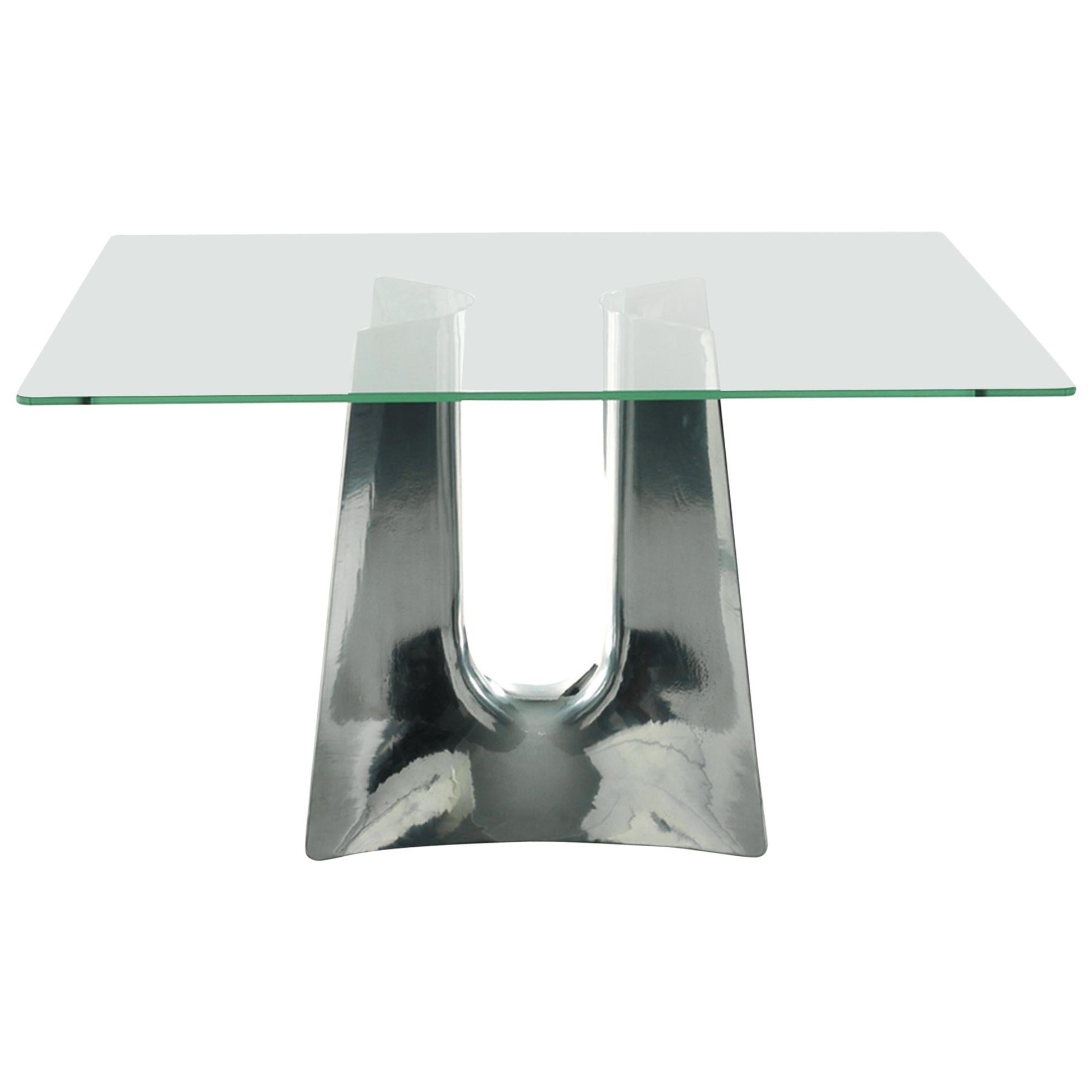 Table carrée Bentz avec plateau en verre de Jeff Miller