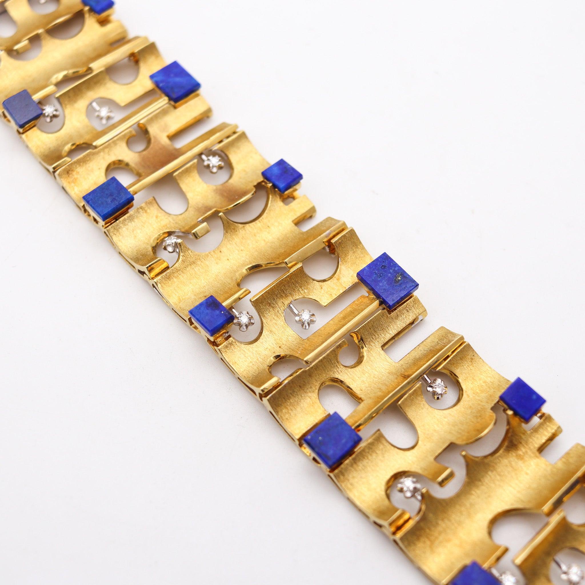 Women's BENVENUTO GALOPPI 1970 Sculptural Bracelet In 18Kt Gold with Lapis & Diamonds For Sale