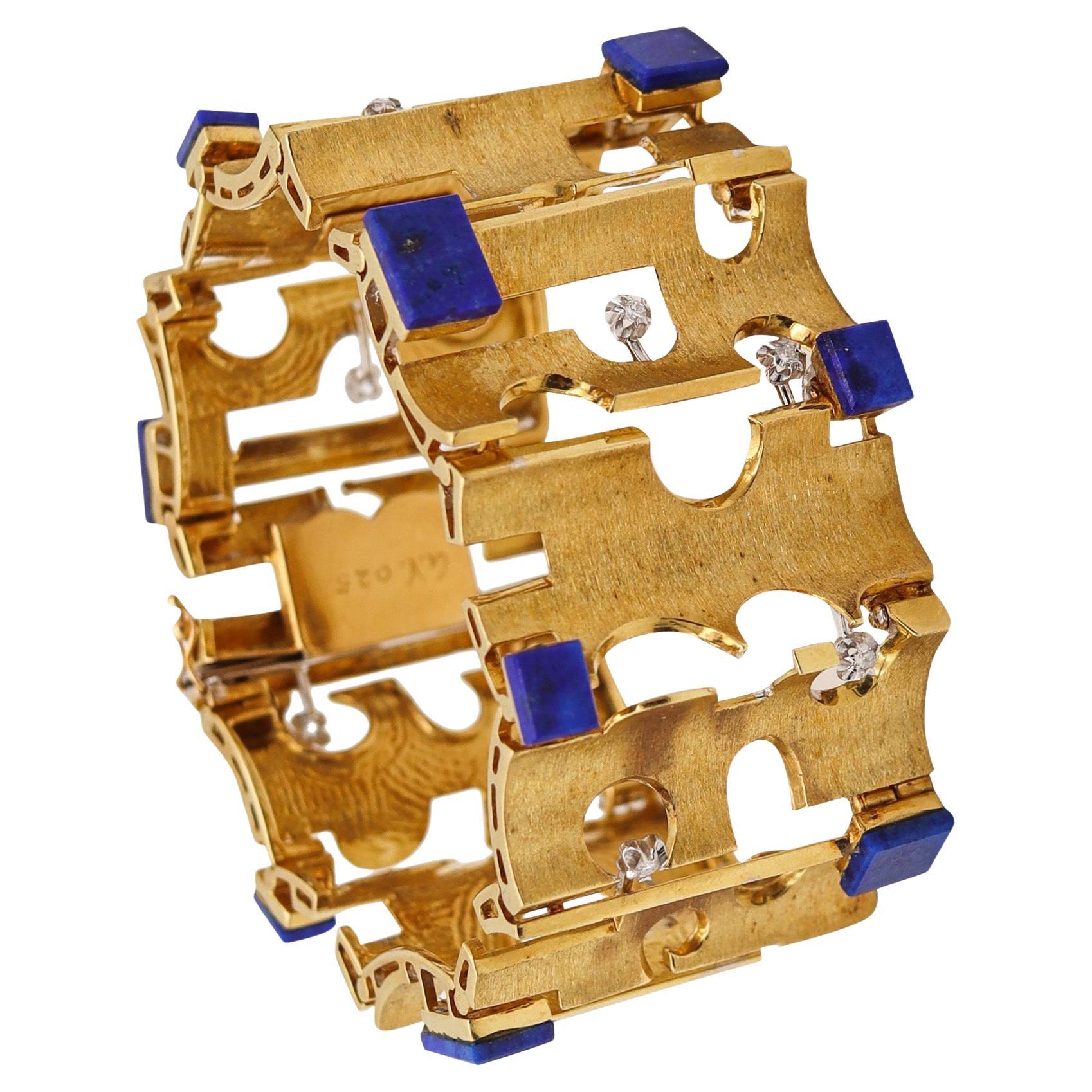 BENVENUTO GALOPPI 1970 Skulpturales Armband aus 18 Karat Gold mit Lapislazuli und Diamanten