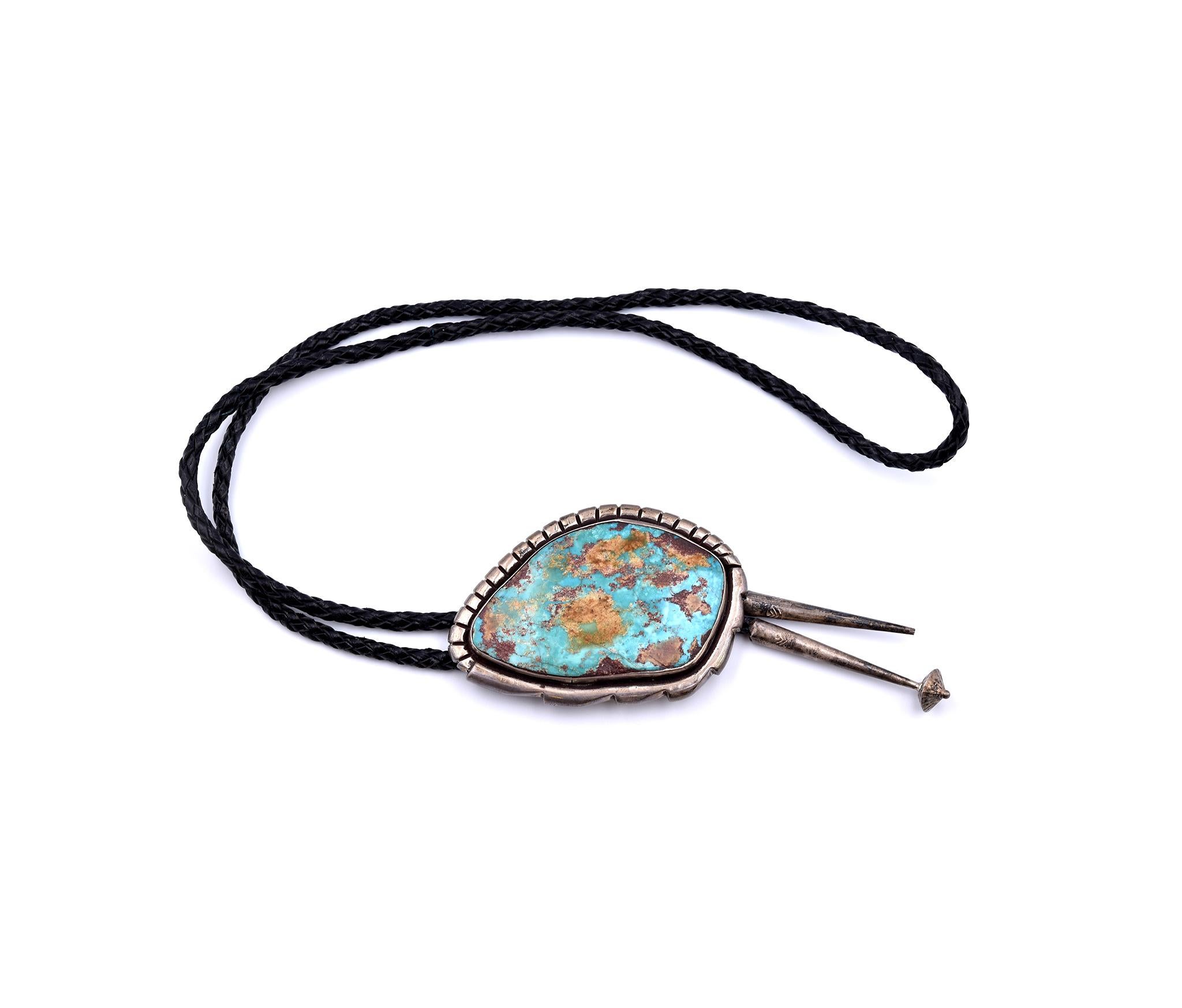 Lanxy Vintage Native American Round Celtic Blue Turquoise Stone Bolo Tie Silver Tone 
