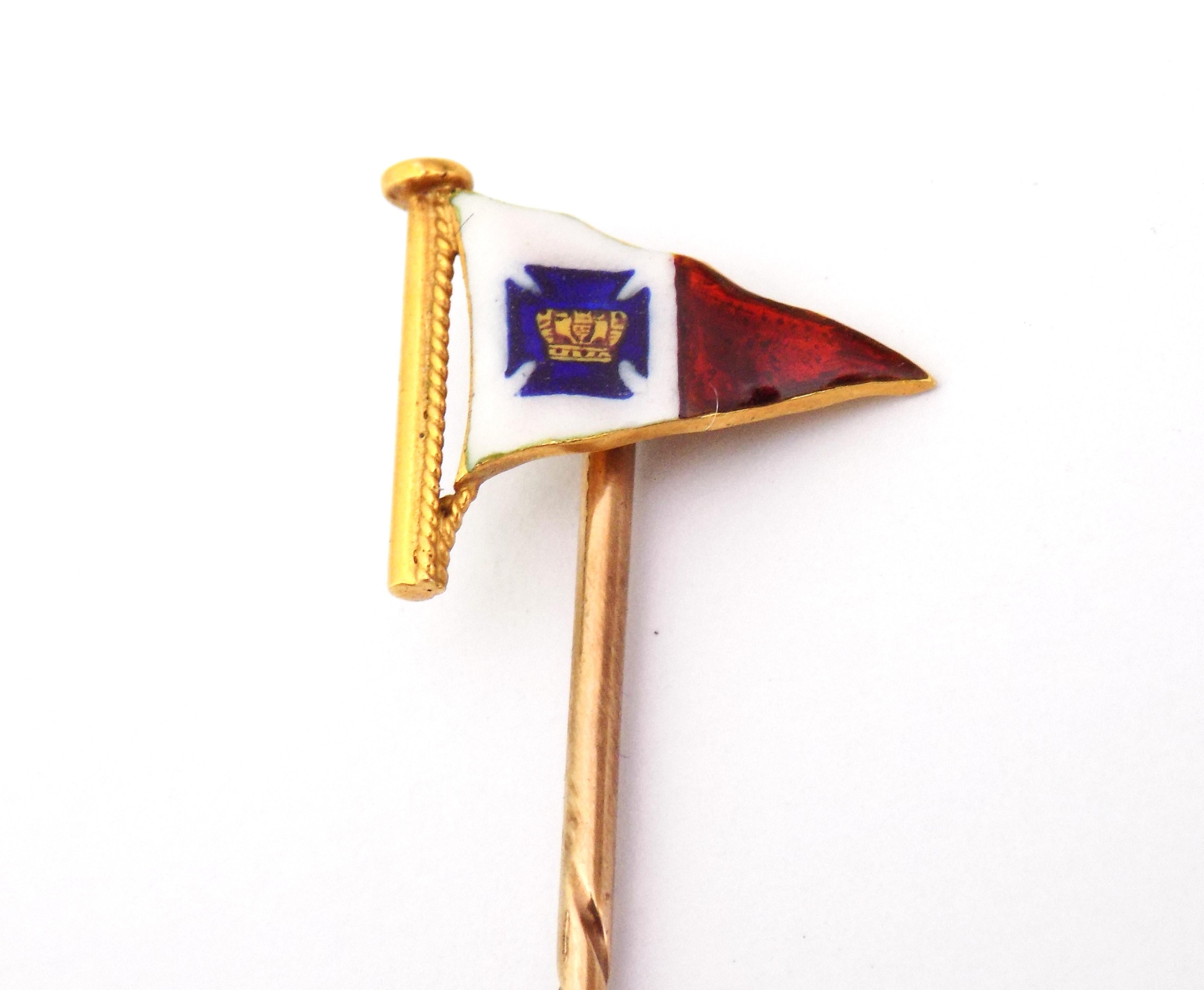 An 18 Karat Gold tie stick pin made by the famous company Benzie of Cowes. Benzie was founded in 1862 by Mr Simpson Benzie. The company made fine quality jewellery for royalty and yachting aristocracy. This stick pin was made for the Royal Cruising