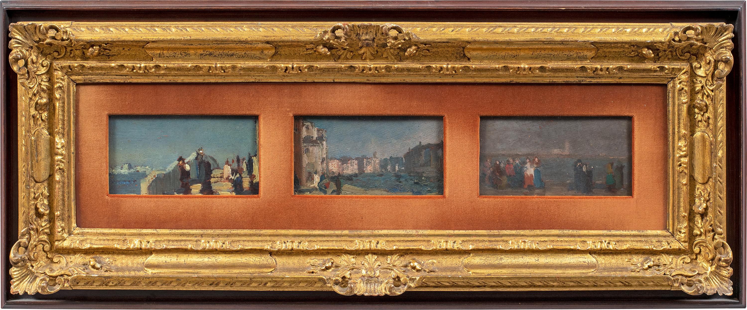 Beppe Ciardi (Venice 1875 - Quinto di Treviso 1932) - Triptych of views of Venice.

9 x 15 cm each without frame, 30 x 73 cm with frame.

Oil on board (1) and cardboard (2), in carved and gilded wooden frame.

- Works signed and dated on the back: