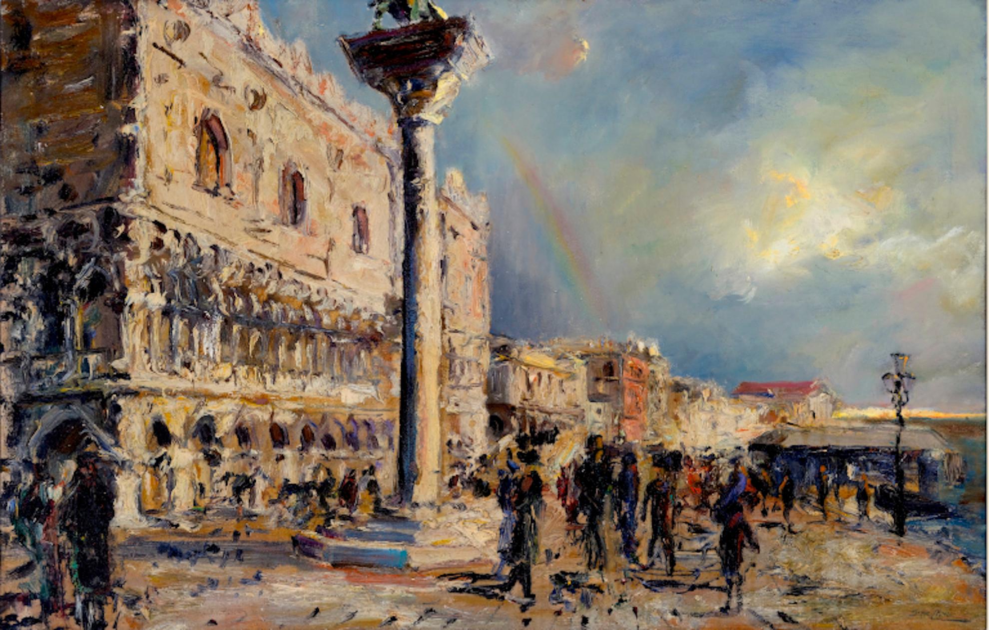 Beppe Ciardi Landscape Painting – Die Piazza San Marco nach dem Regen