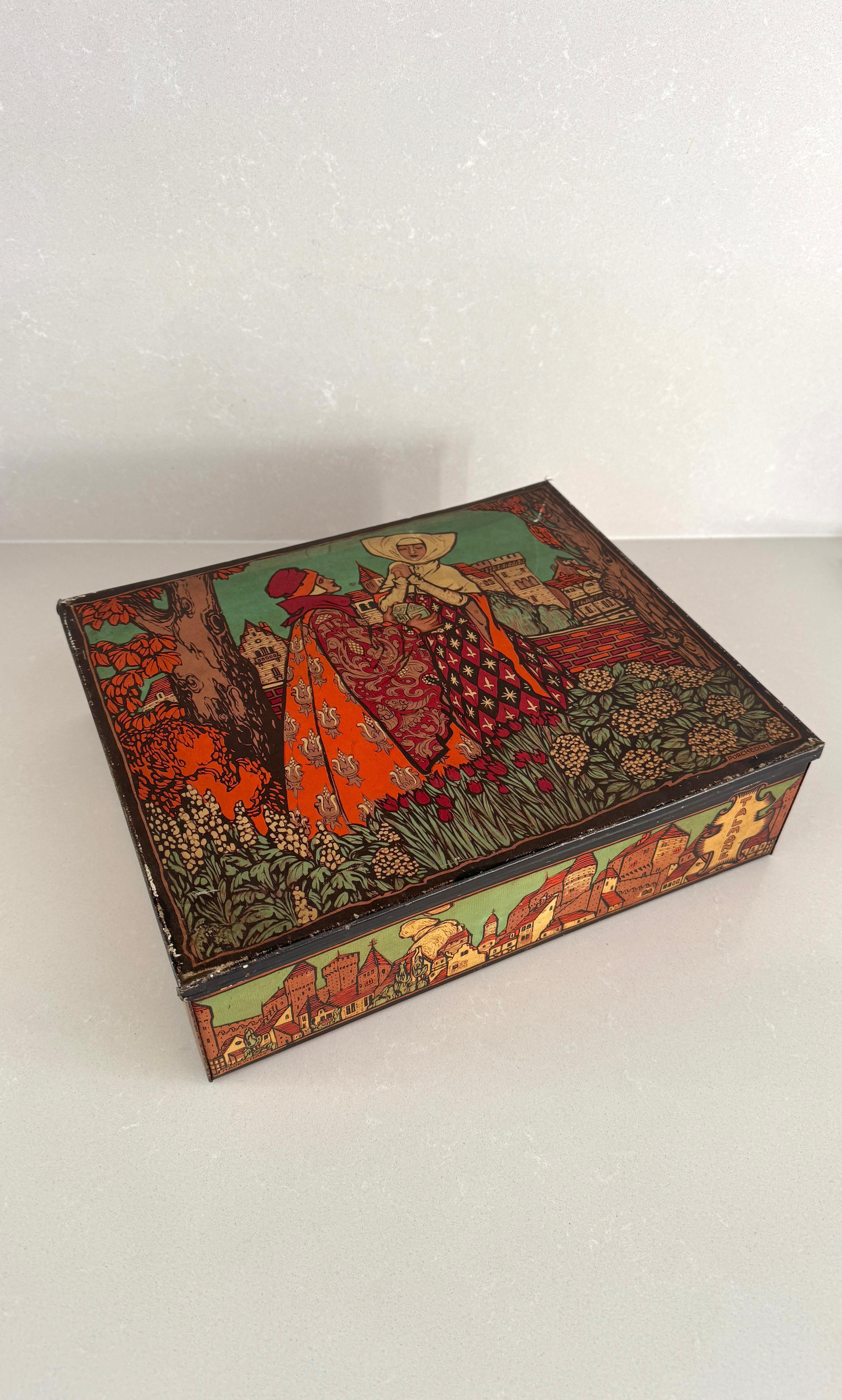 Very rare 1930s Italian tin box lithographed in color by Talmone Unica Italia, made by Metalgraf Milano based on a design by Beppe Porcheddu (Turin 1898/1947), illustrator, ceramist and painter, master of Italian illustration and graphics from the
