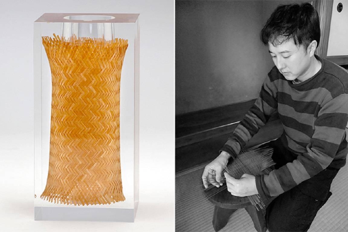 The Beppu bamboo flower vases demonstrate a beautiful juxtaposition of traditional and contemporary production techniques. A woven cylinder of bamboo, made using traditional weaving techniques of the Beppu region of Japan, is perfectly encased in a