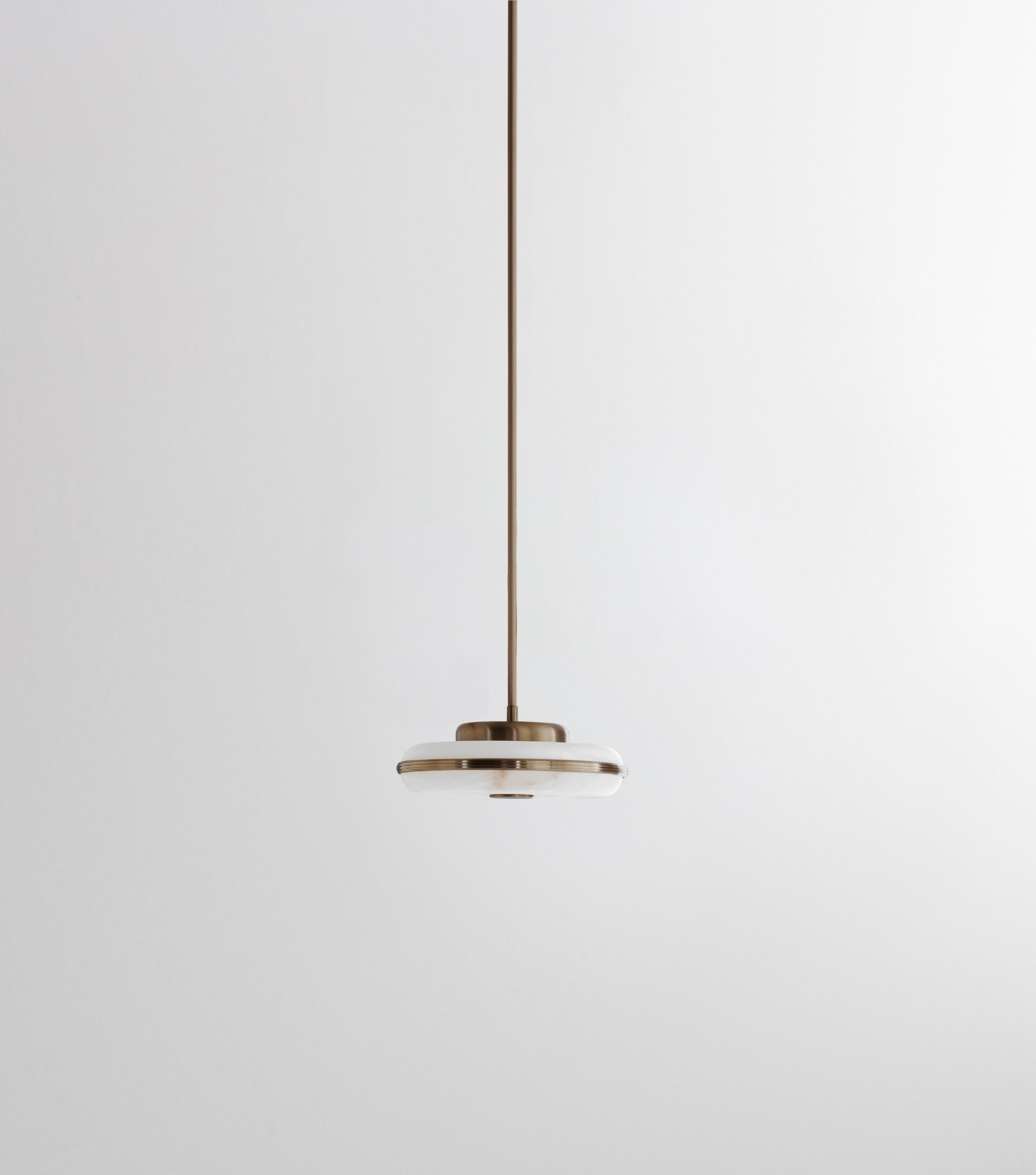 Beran Antique Brass Small Pendant Lamp by Bert Frank
Dimensions: Ø 26 x H 6 cm. 
Materials: Brass and alabaster.

Available in two different sizes. Available in different finishes and materials. Height is customized to order. Please contact us.