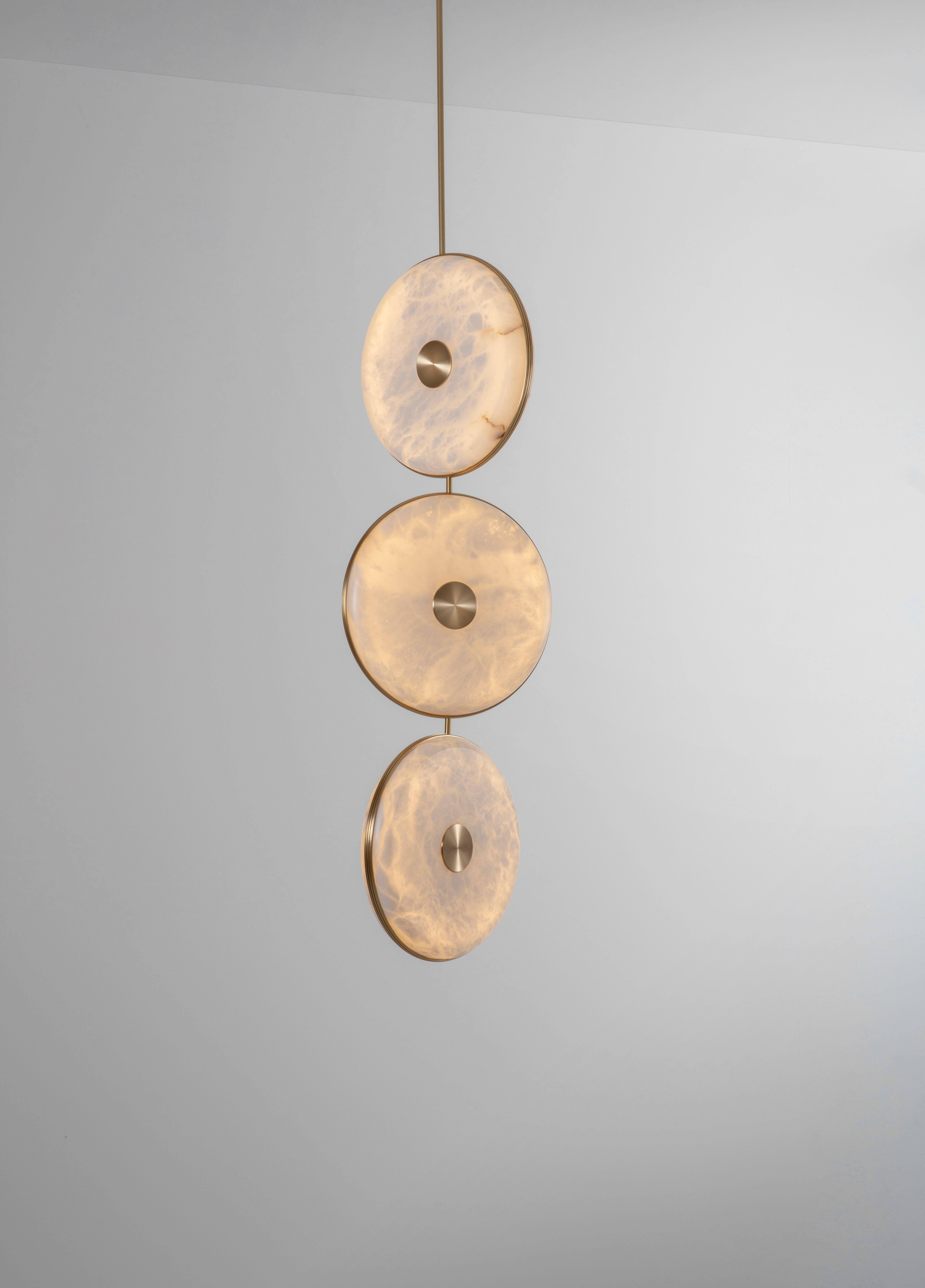 Beran Brushed Brass Large Drop 3 Chandelier by Bert Frank
Dimensions: Ø 36 x H 100 cm. 
Materials: Brass and alabaster.

Available in two different sizes. Available in different finishes and materials: Brushed brass, Antique brass, Dark bronze and