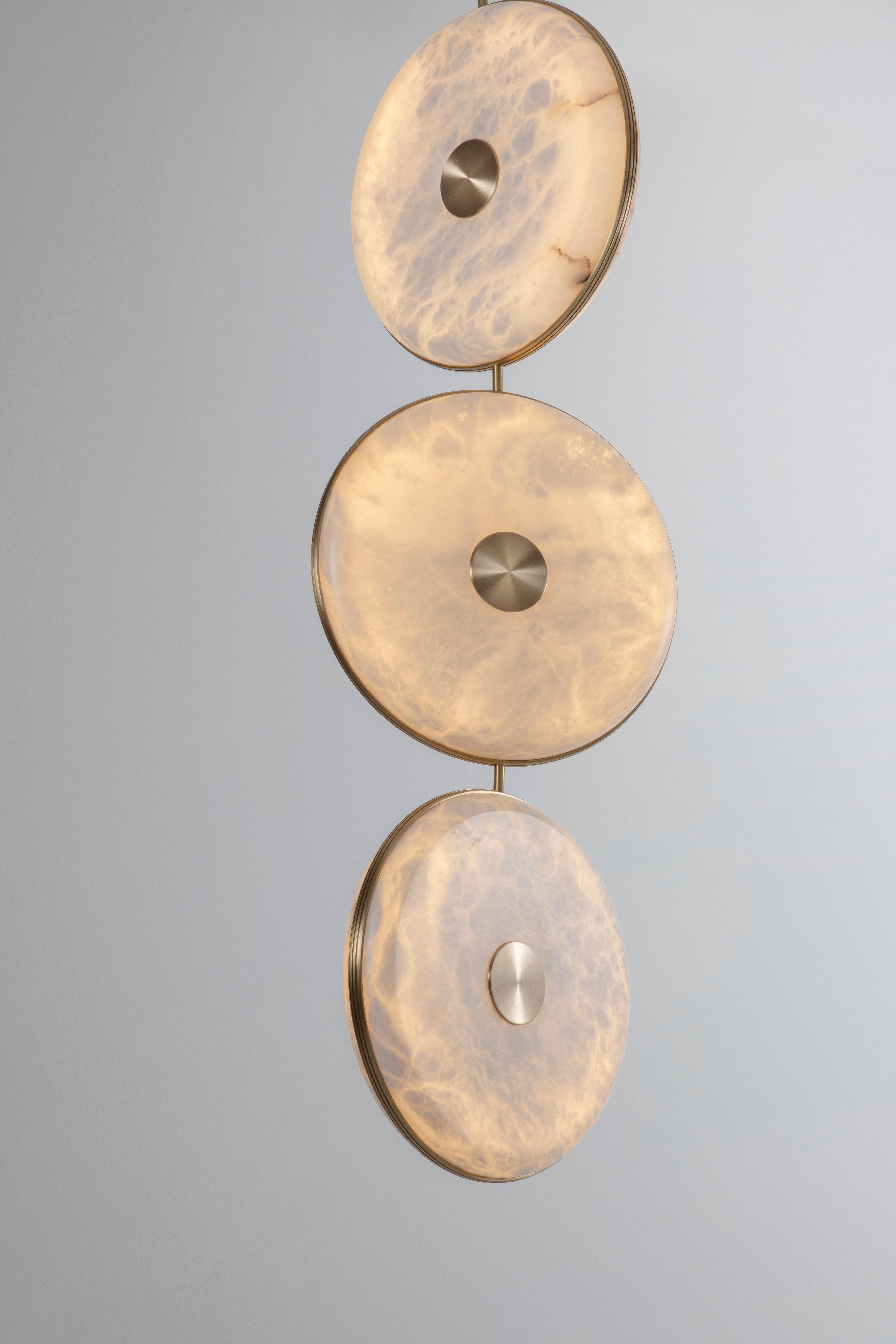 British Beran Brushed Brass Large Drop 3 Chandelier by Bert Frank For Sale