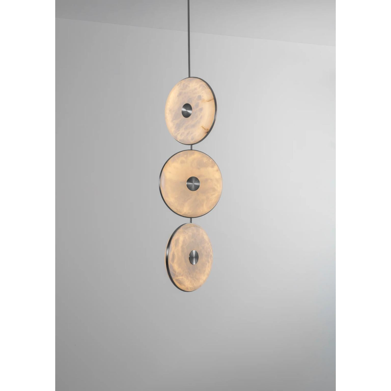 Beran Satin Nickel Large Drop 3 Chandelier by Bert Frank
Dimensions: Ø 36 x H 100 cm. 
Materials: Nickel and alabaster.

Available in two different sizes. Available in different finishes and materials: Brushed brass, Antique brass, Dark bronze and