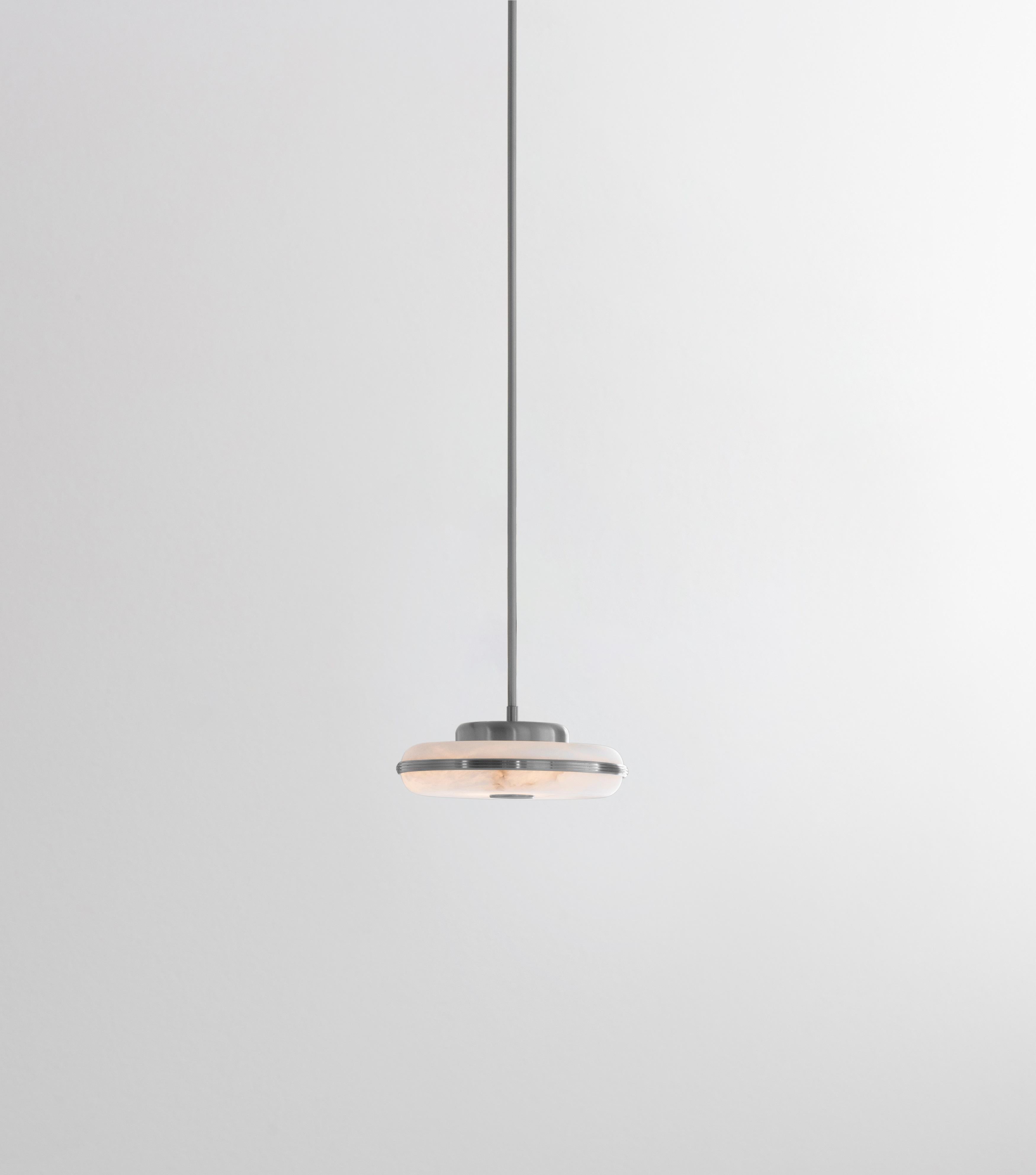 Beran Satin Nickel Small Pendant Lamp by Bert Frank
Dimensions: Ø 26 x H 6 cm. 
Materials: Satin Nickel and alabaster.

Available in two different sizes. Available in different finishes and materials. Height is customized to order. Please contact