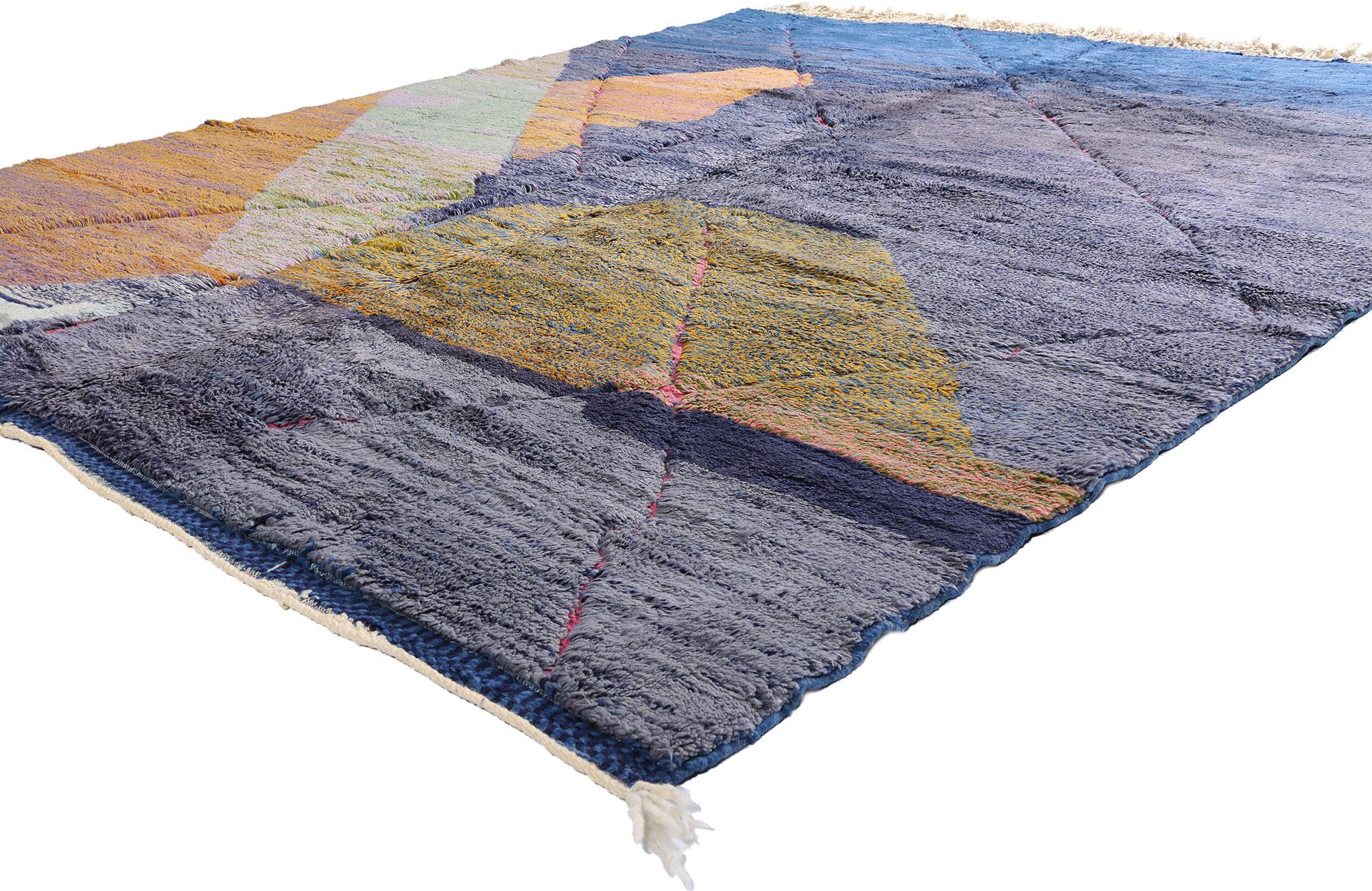 Wool New Modern Abstract Berber Blue Beni Mrirt Moroccan Rug with Expressionist Style For Sale