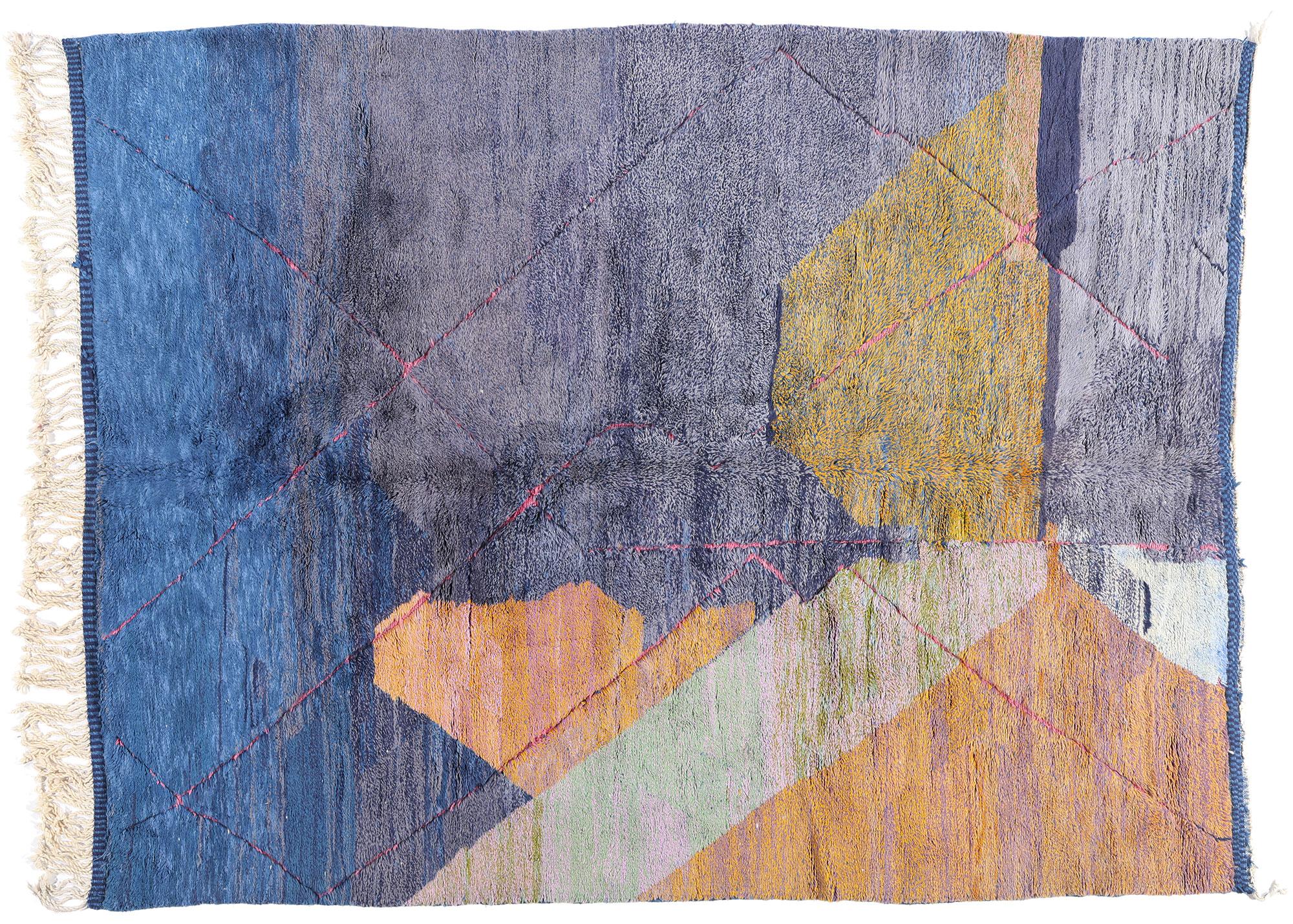 New Modern Abstract Berber Blue Beni Mrirt Moroccan Rug with Expressionist Style For Sale 5
