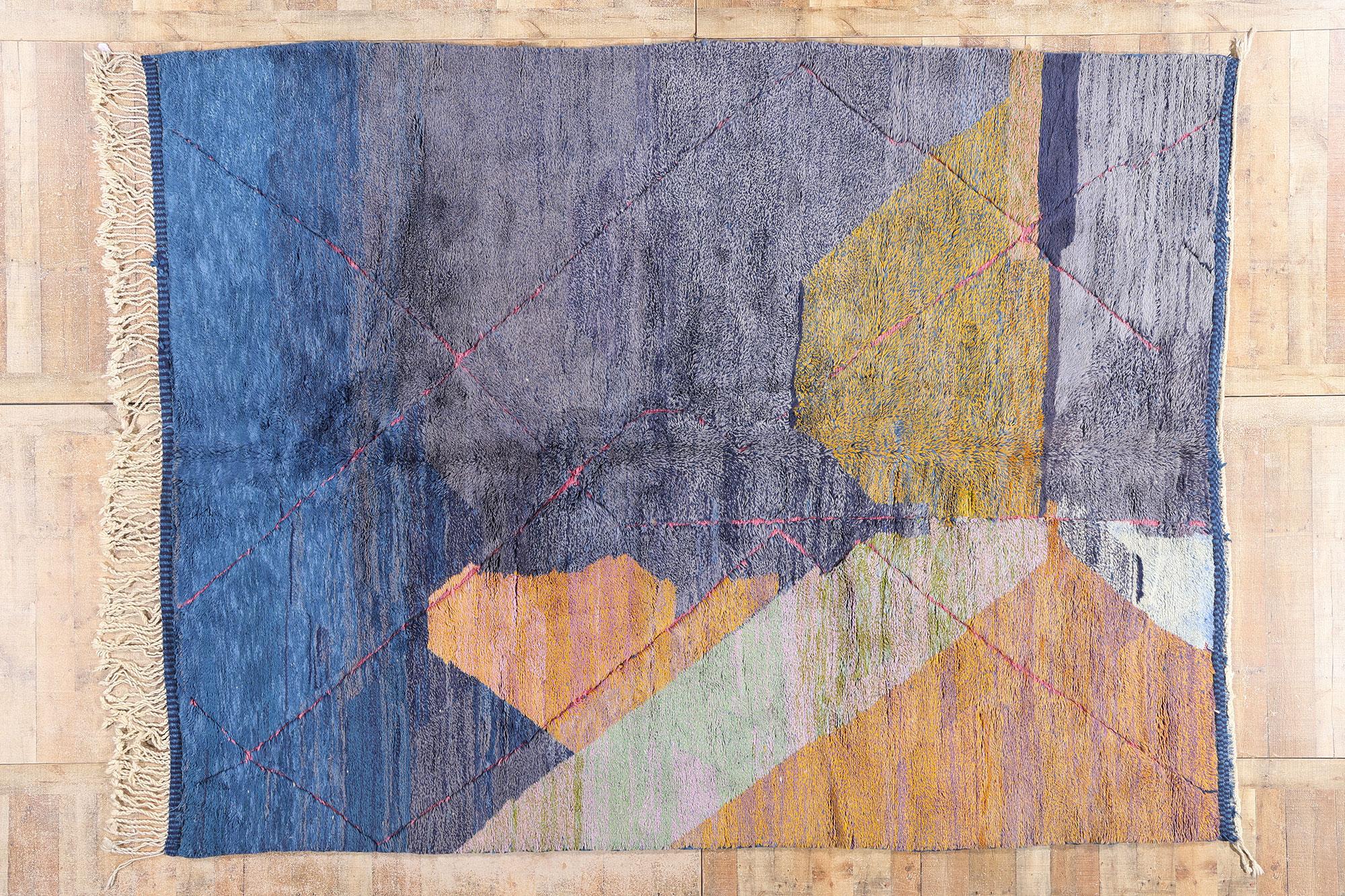 New Modern Abstract Berber Blue Beni Mrirt Moroccan Rug with Expressionist Style For Sale 4