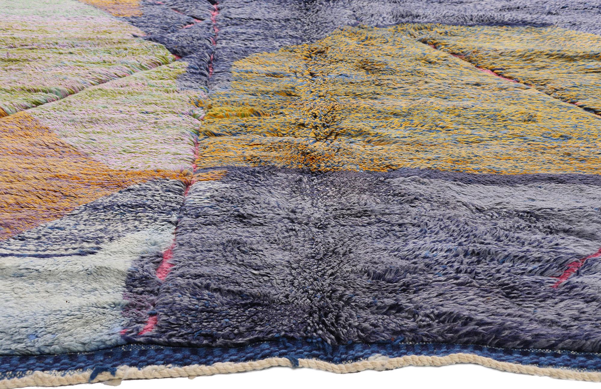 21107 New Modern Abstract Beni Mrirt Abstract Moroccan Rug, 08'11 x 11'06. Immerse yourself in the quiet grandeur of this hand-knotted wool modern Beni Mrirt Moroccan rug, a rare fusion of ancestral craftsmanship and painterly modernism. With an
