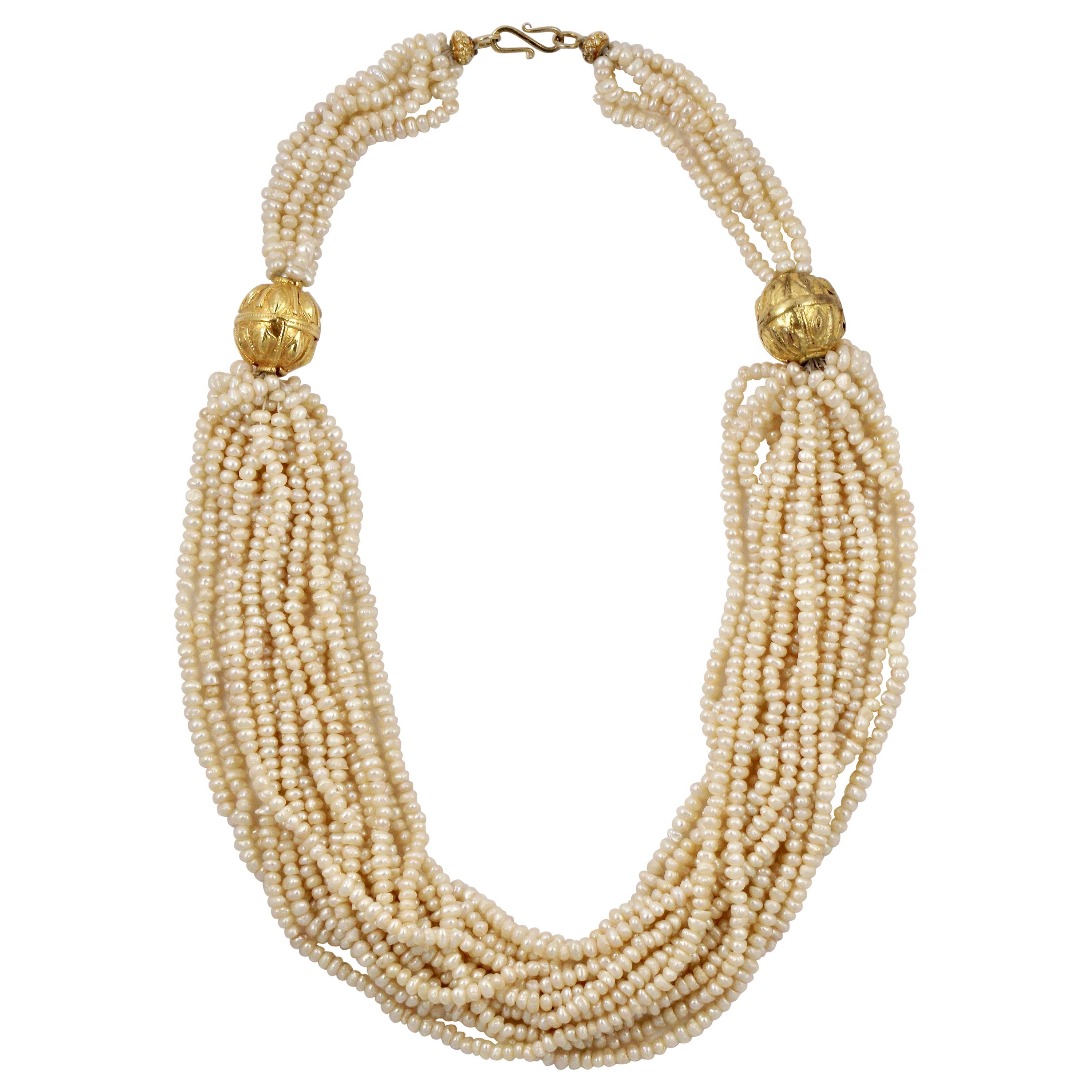 Berber Gold Plated Morrocan Multi Strand Freshwater Pearl Statement Necklace For Sale