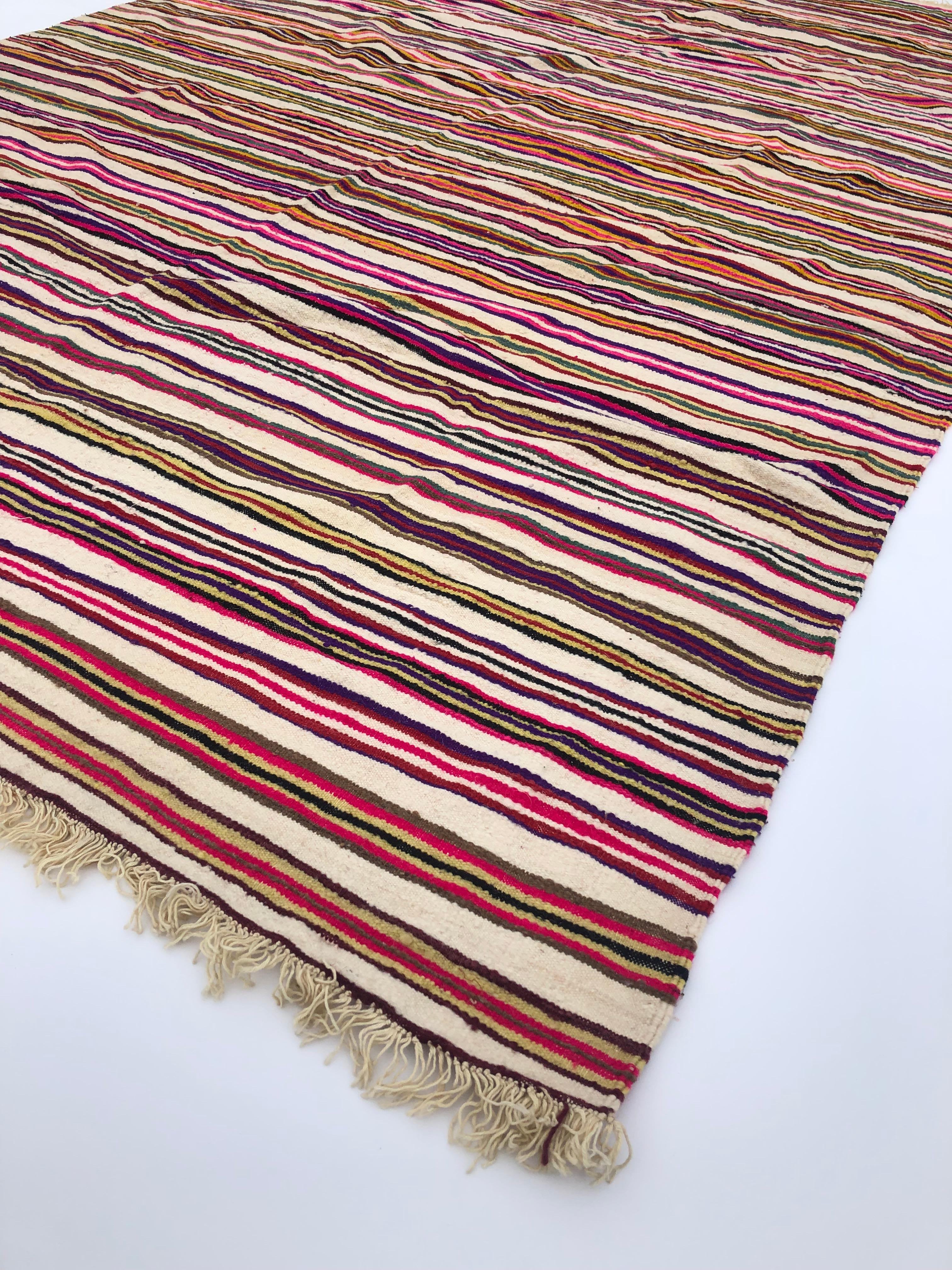 Bohemian Berber 1960s Large Rug Stripped Handmade Vintage Boho North African Floor
