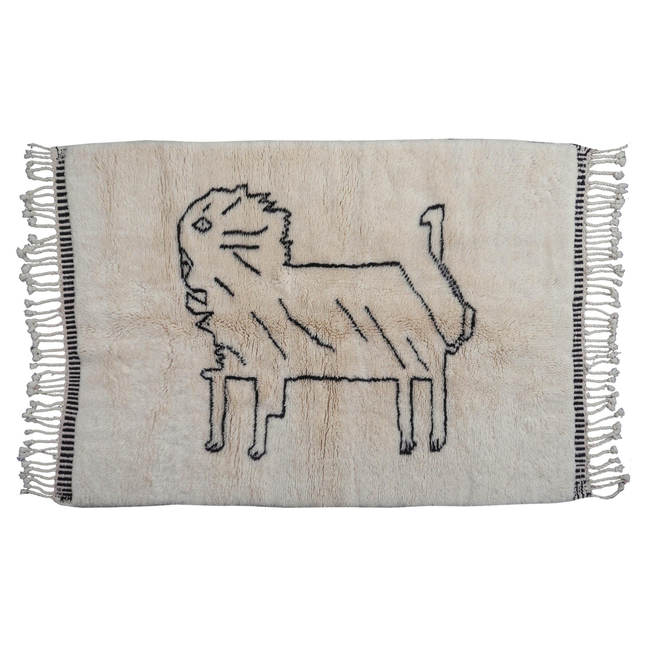 Nordafrikanischer marokkanischer Teppich aus Berber mit Löwenmotiv aus handgeknüpfter Wolle im Angebot