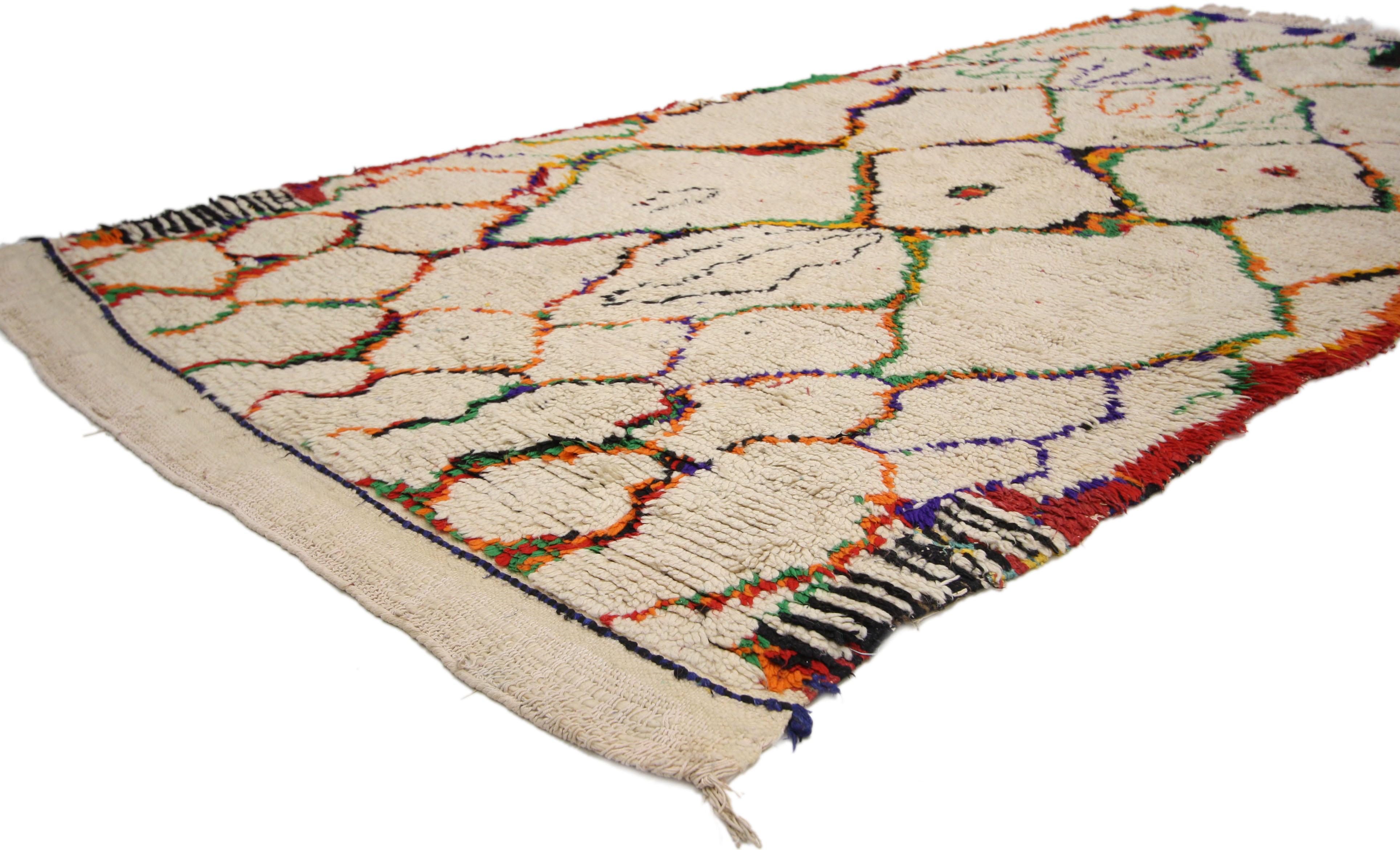74823 Contemporary Berber Moroccan Azilal runner with Postmodern Memphis style, Shag Hallway runner. Admired for it's vibrant colors and whimsical nomadic vibes, this Moroccan Azilal runner displays Postmodern style and Memphis Design. This hand