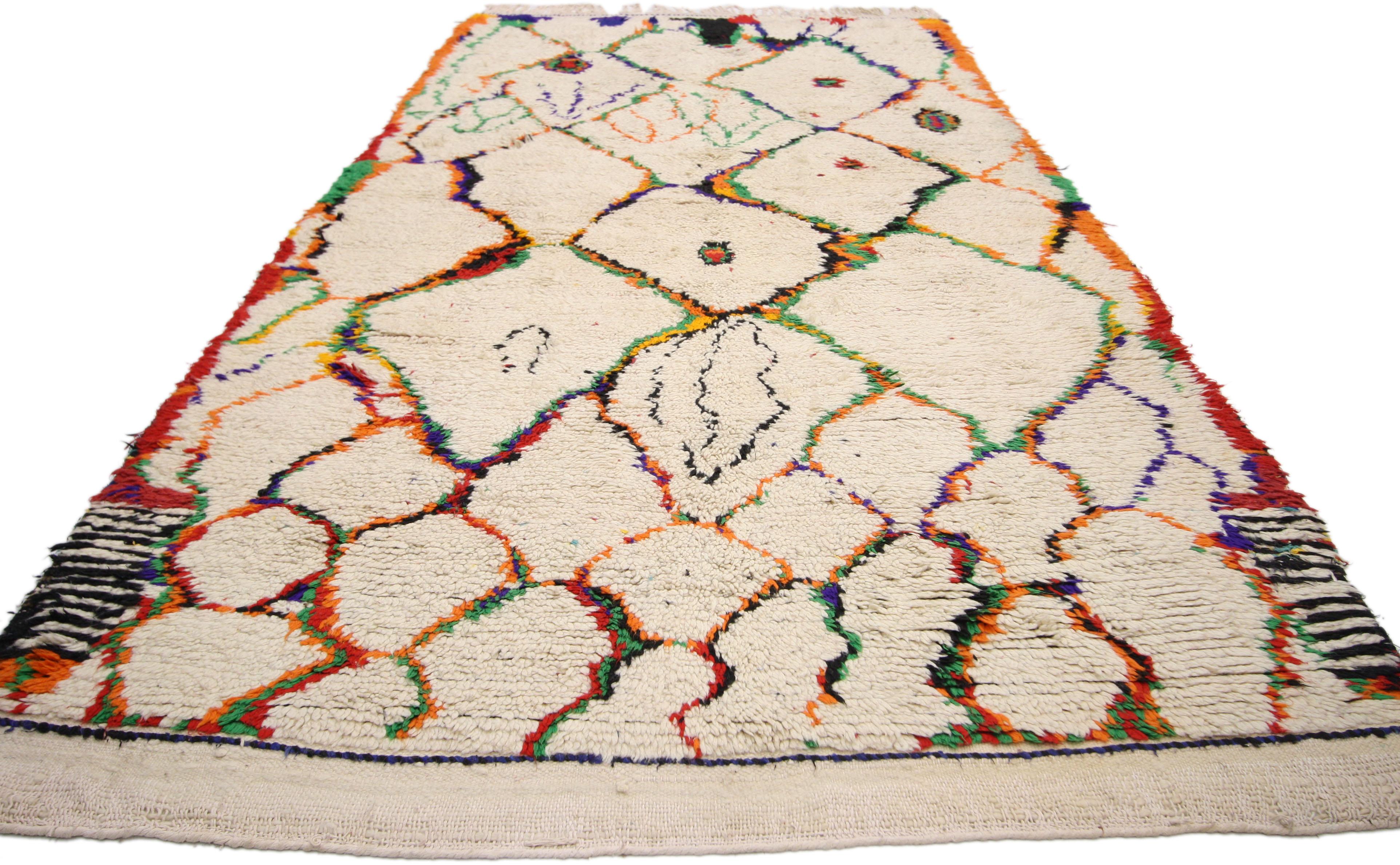 Hand-Knotted Berber Moroccan Azilal Runner with Postmodern Memphis Style, Shag Hallway Runner