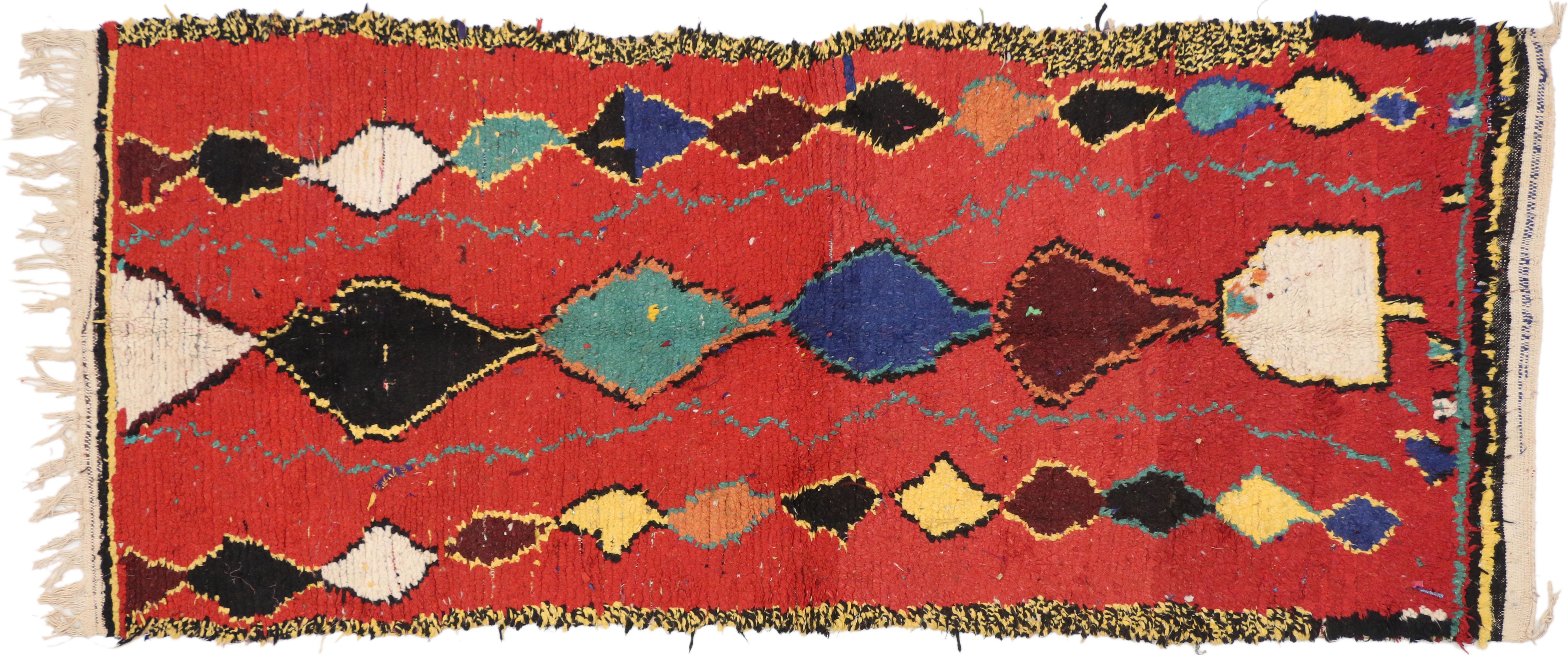 74809 Vintage Berber Moroccan Rug with Tribal Style, Red Shag Hallway Runner 03'05 x 08'00.  Featuring a luminous fiery glow and a plush pile, this hand knotted wool red Moroccan shag runner astounds with its beauty. It features a vertical column of