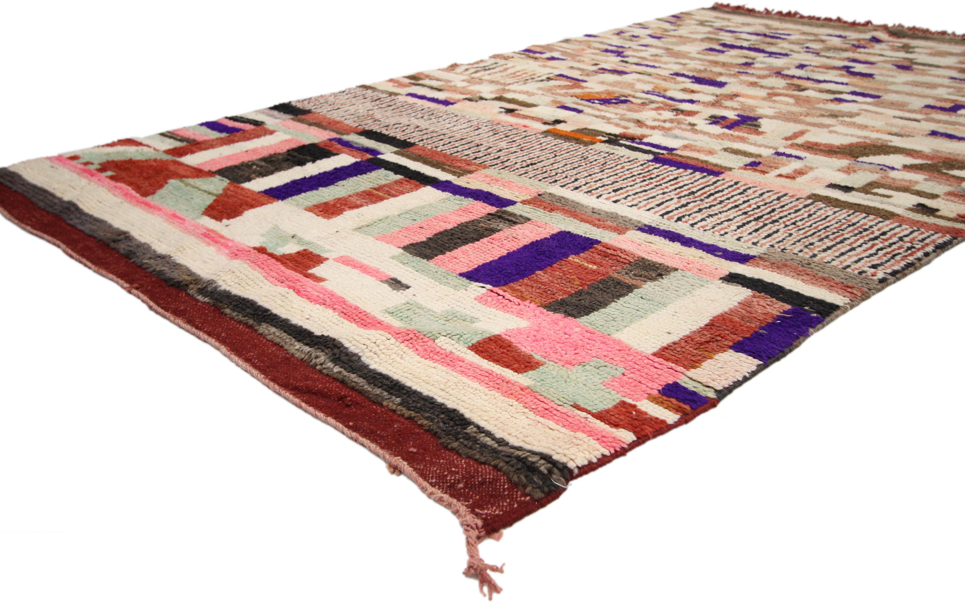 74827, Berber Moroccan Rehamna rug with Bohemian abstract expressionist style. This hand knotted wool Rehamna Moroccan rug features an asymmetrical design and bohemian expressionist style composed of geometric shapes. The different colors unite to