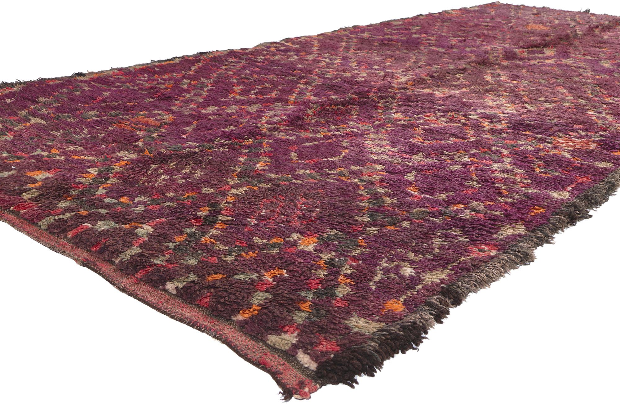 20150 Vintage Purple Beni MGuild Moroccan Rug, 05'02 x 11'01. Originating from the Beni M'Guild tribe nestled in Morocco's Middle Atlas Mountains, Beni M'Guild rugs epitomize a cherished tradition meticulously handcrafted by skilled Berber women.